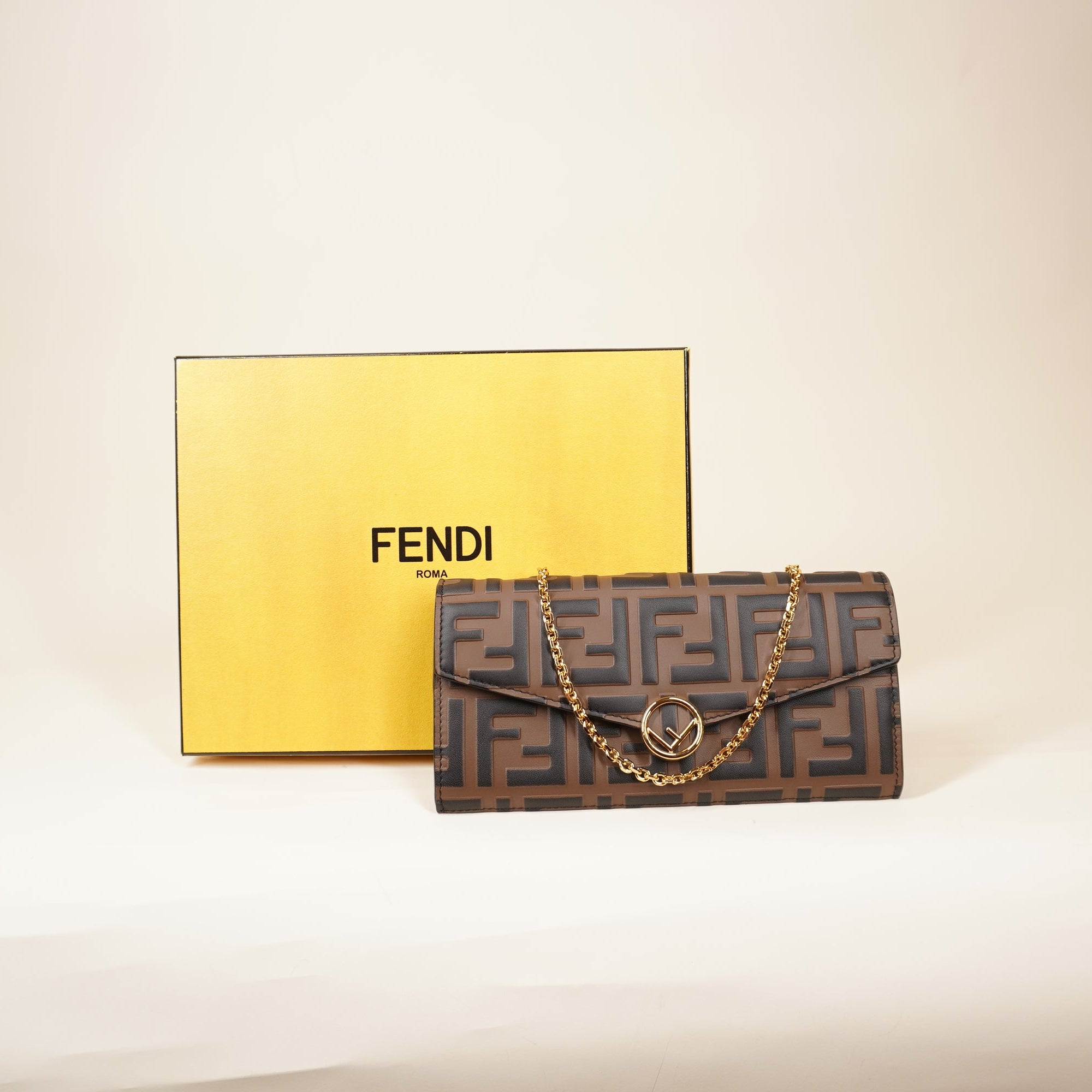 PRE-OWNED FF Vitello Soft F is Fendi Bi-Color FF 1974 Embossed Continental Envelope WOC