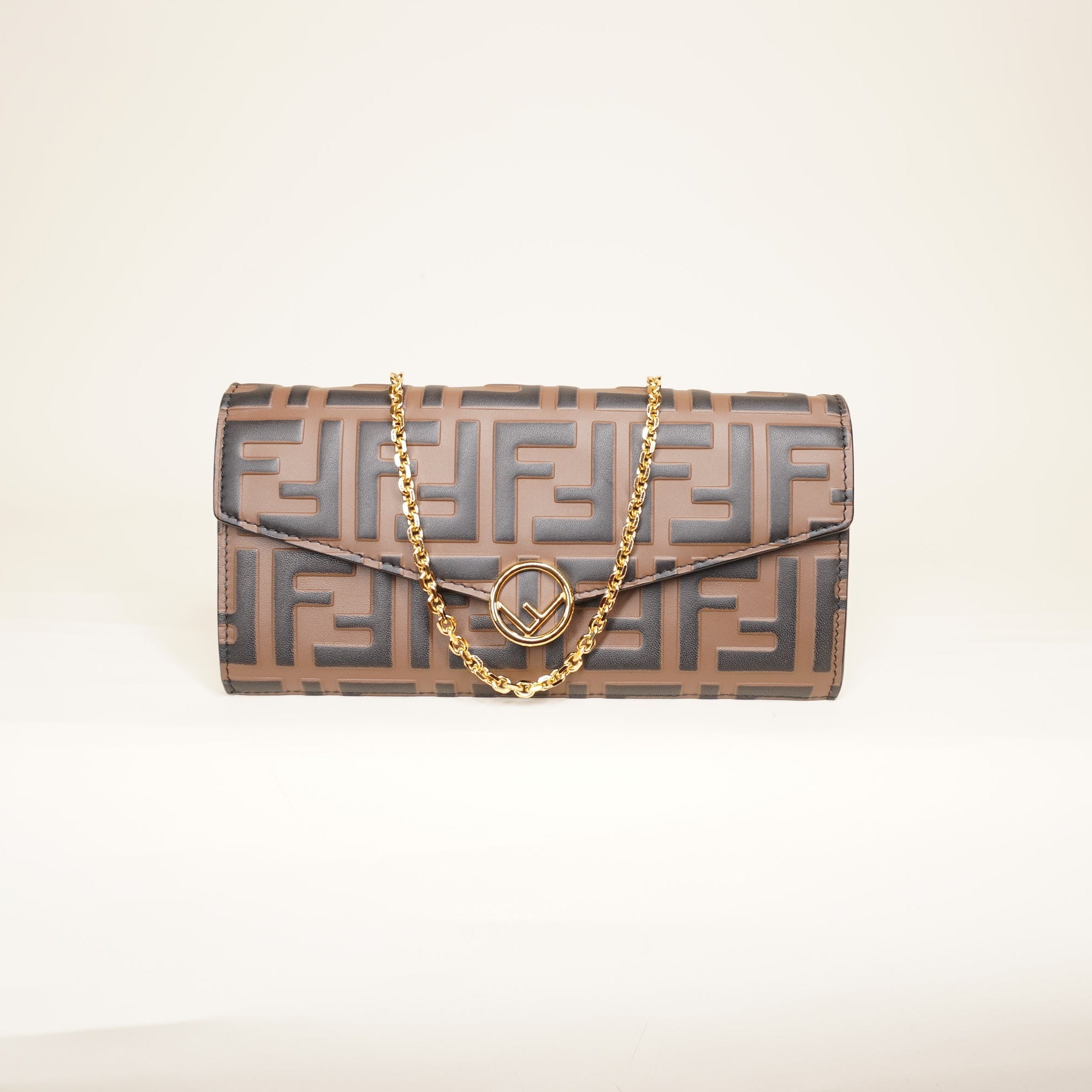 PRE-OWNED FF Vitello Soft F is Fendi Bi-Color FF 1974 Embossed Continental Envelope WOC