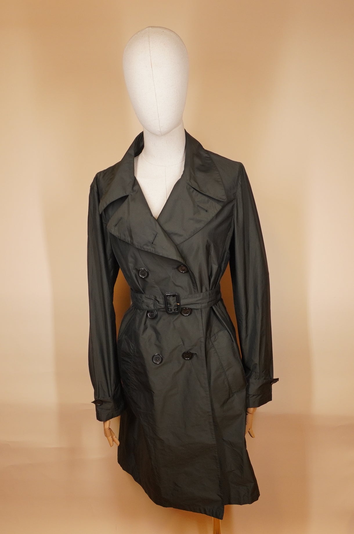 PRE-OWNED PRADA Double-Breasted Nylon Trench Gray Coat SIZE S/M