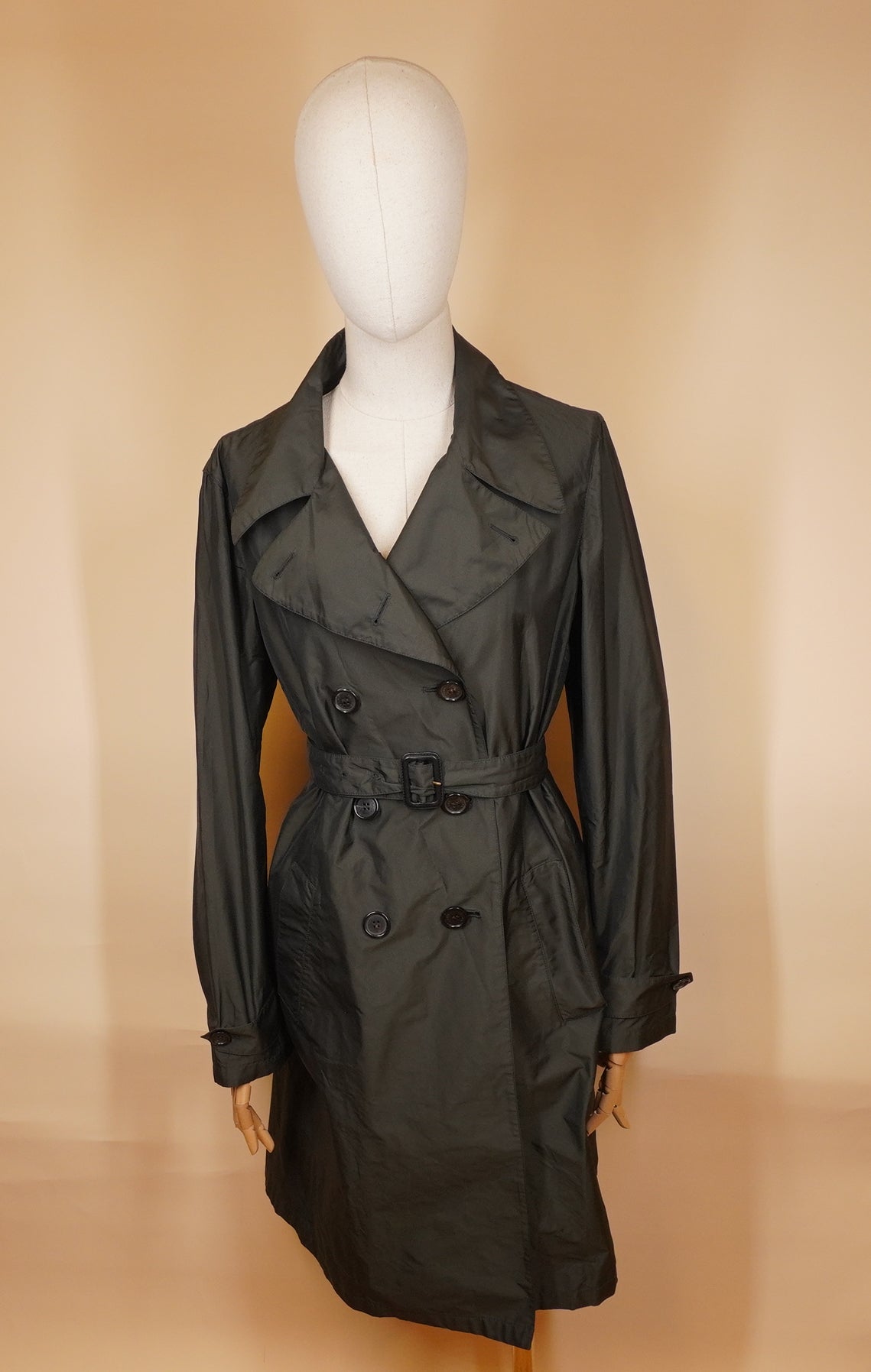 PRE-OWNED PRADA Double-Breasted Nylon Trench Gray Coat SIZE S/M