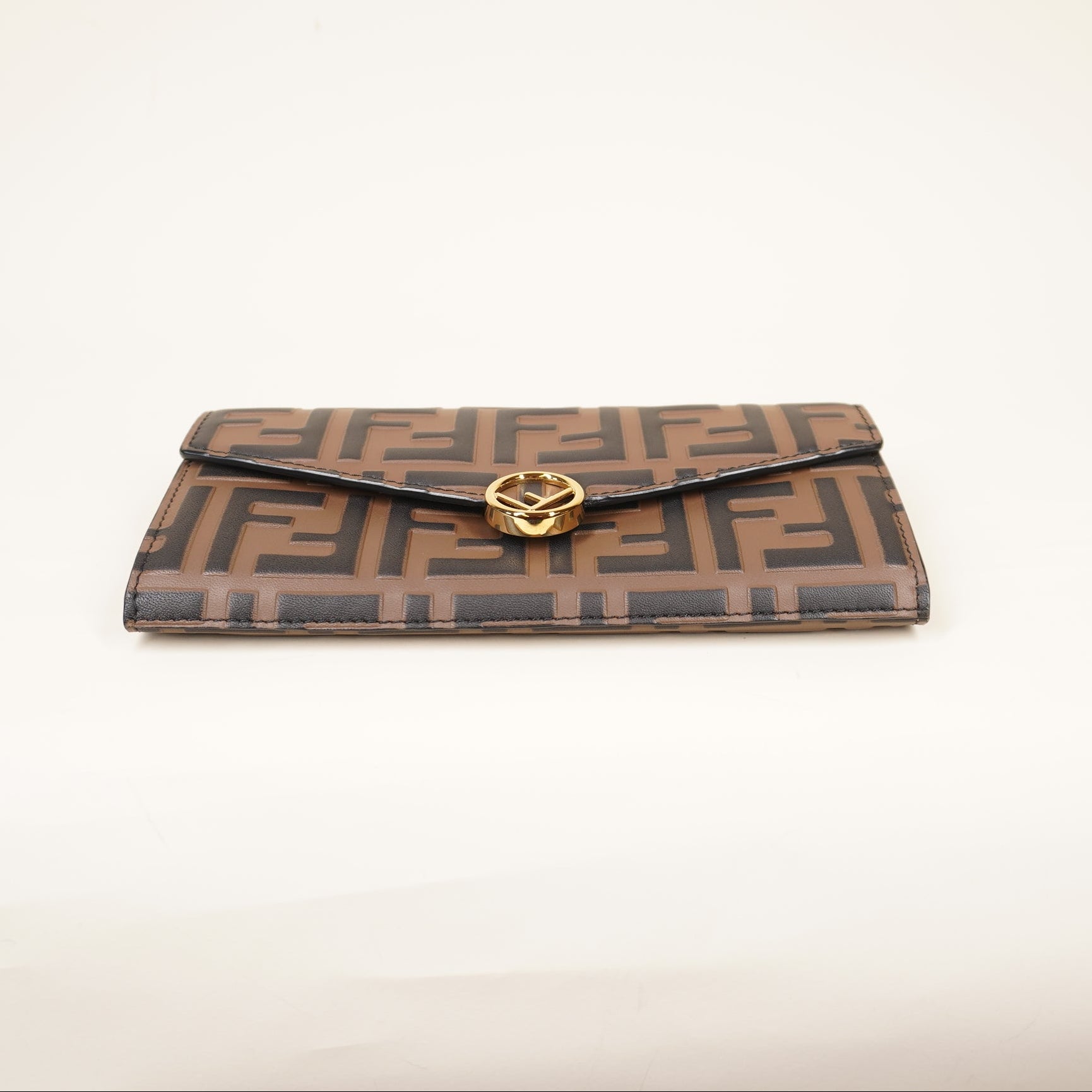 PRE-OWNED FF Vitello Soft F is Fendi Bi-Color FF 1974 Embossed Continental Envelope WOC