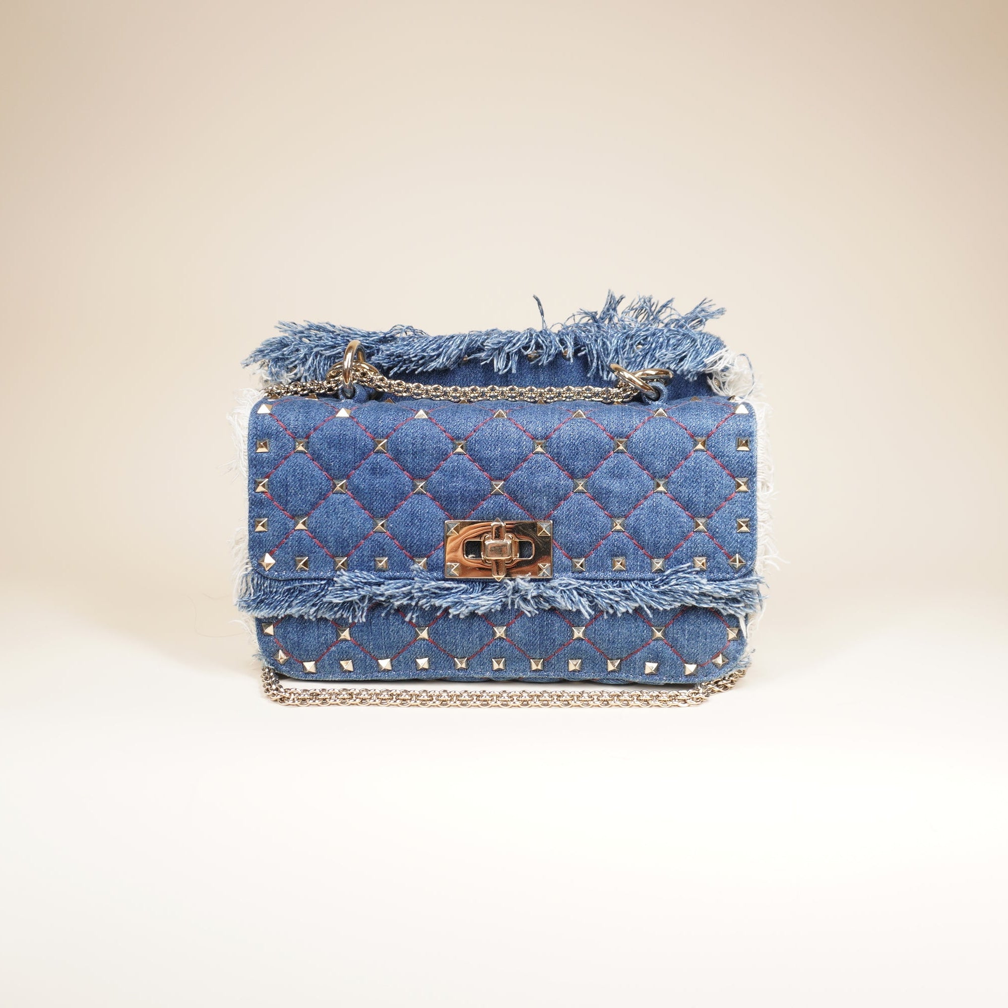 PRE-OWNED Rockstud Spike Flap Bag Quilted Denim Medium Shoulder Bag