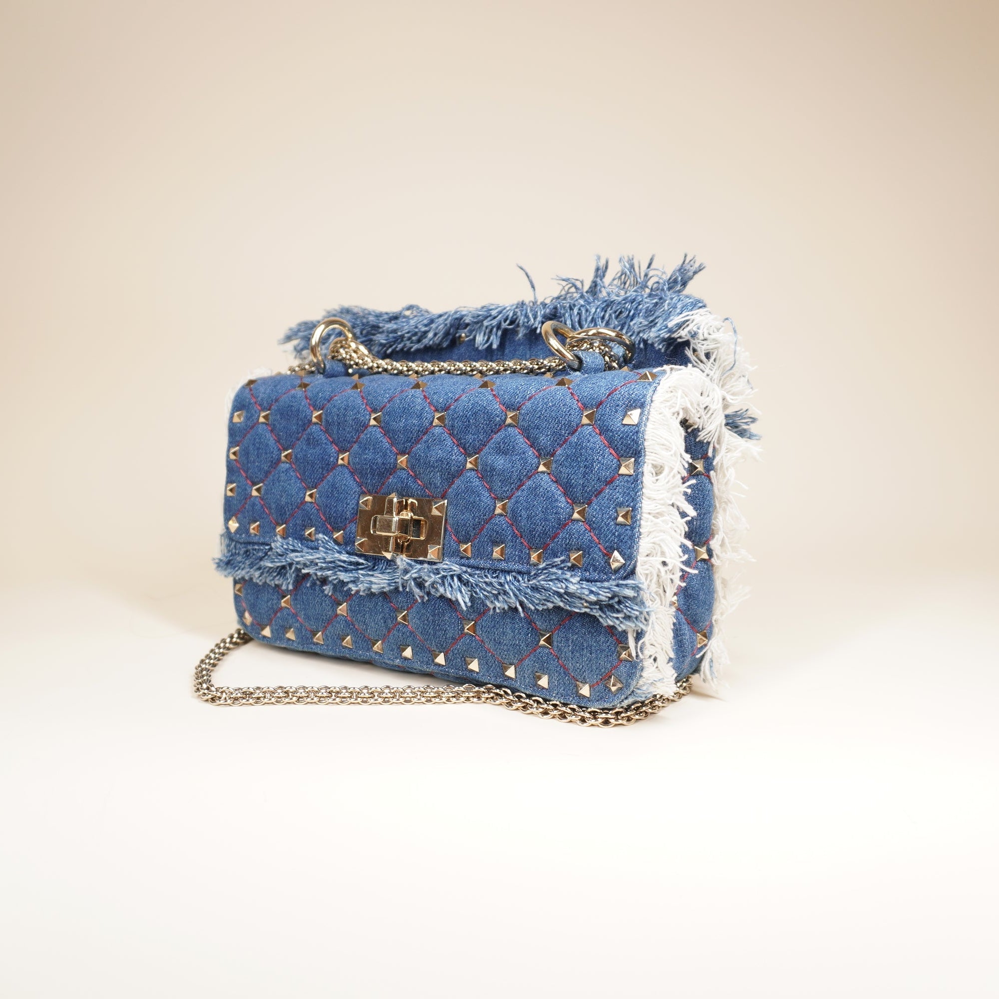 PRE-OWNED Rockstud Spike Flap Bag Quilted Denim Medium Shoulder Bag