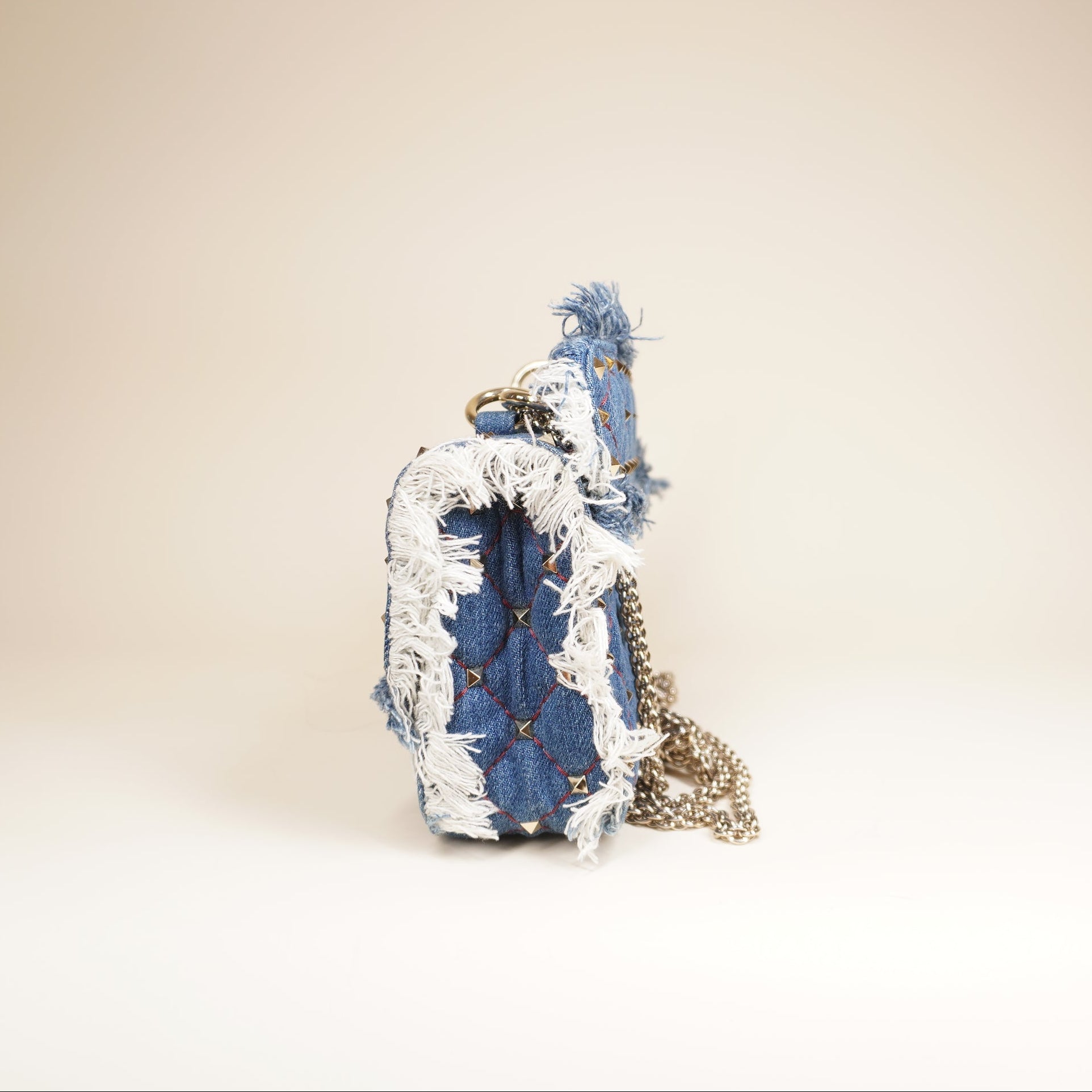 PRE-OWNED Rockstud Spike Flap Bag Quilted Denim Medium Shoulder Bag