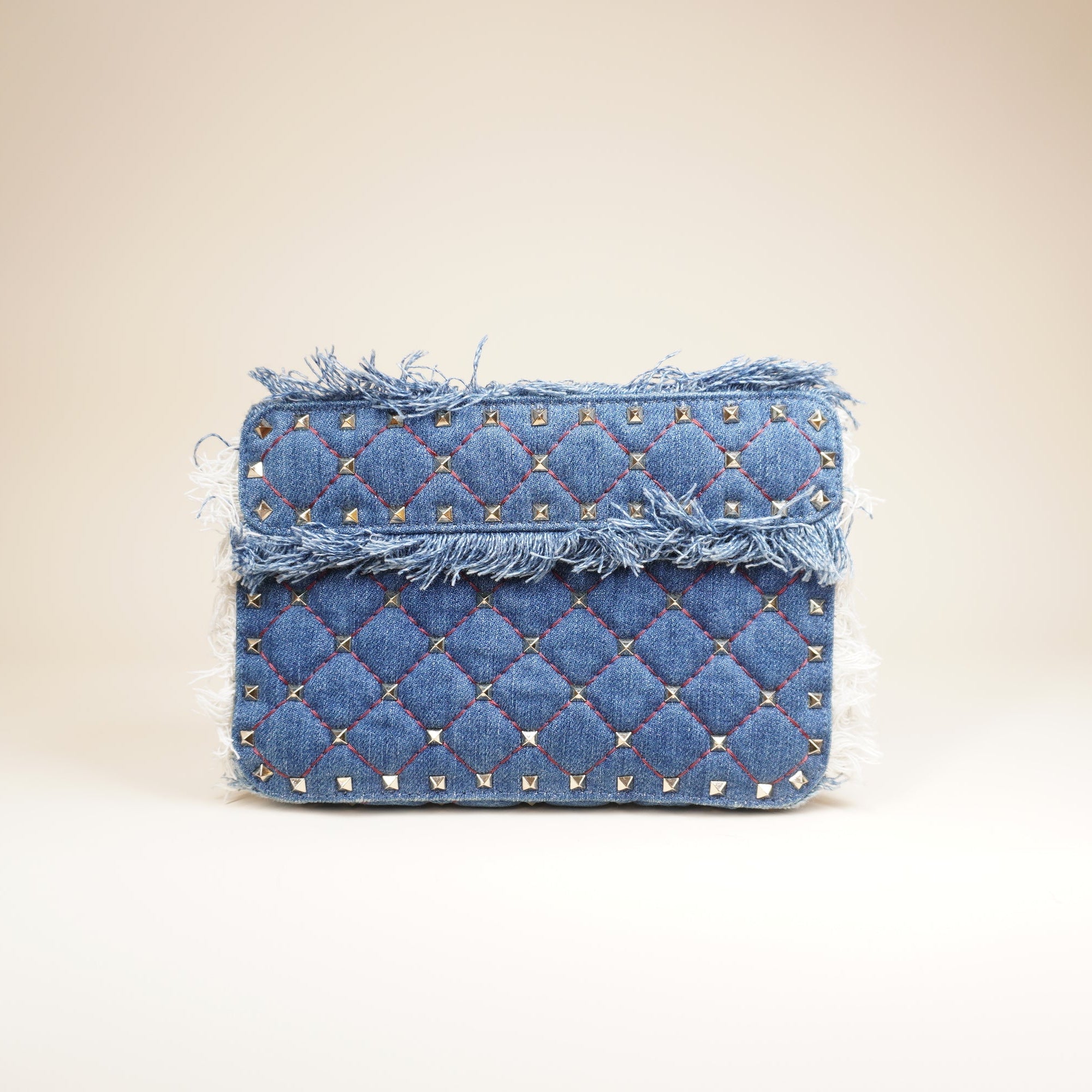 PRE-OWNED Rockstud Spike Flap Bag Quilted Denim Medium Shoulder Bag