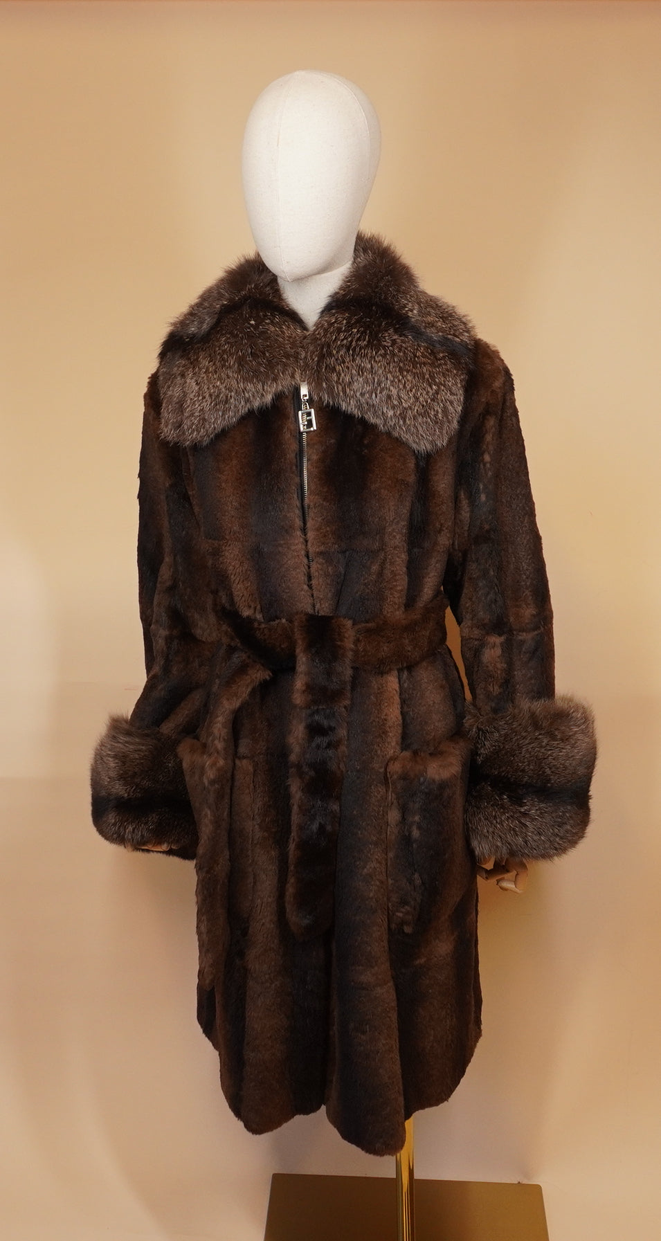 PRE-OWNED FF Vintage Fur-Trimmed Reversible Nylon Long Coat M/L