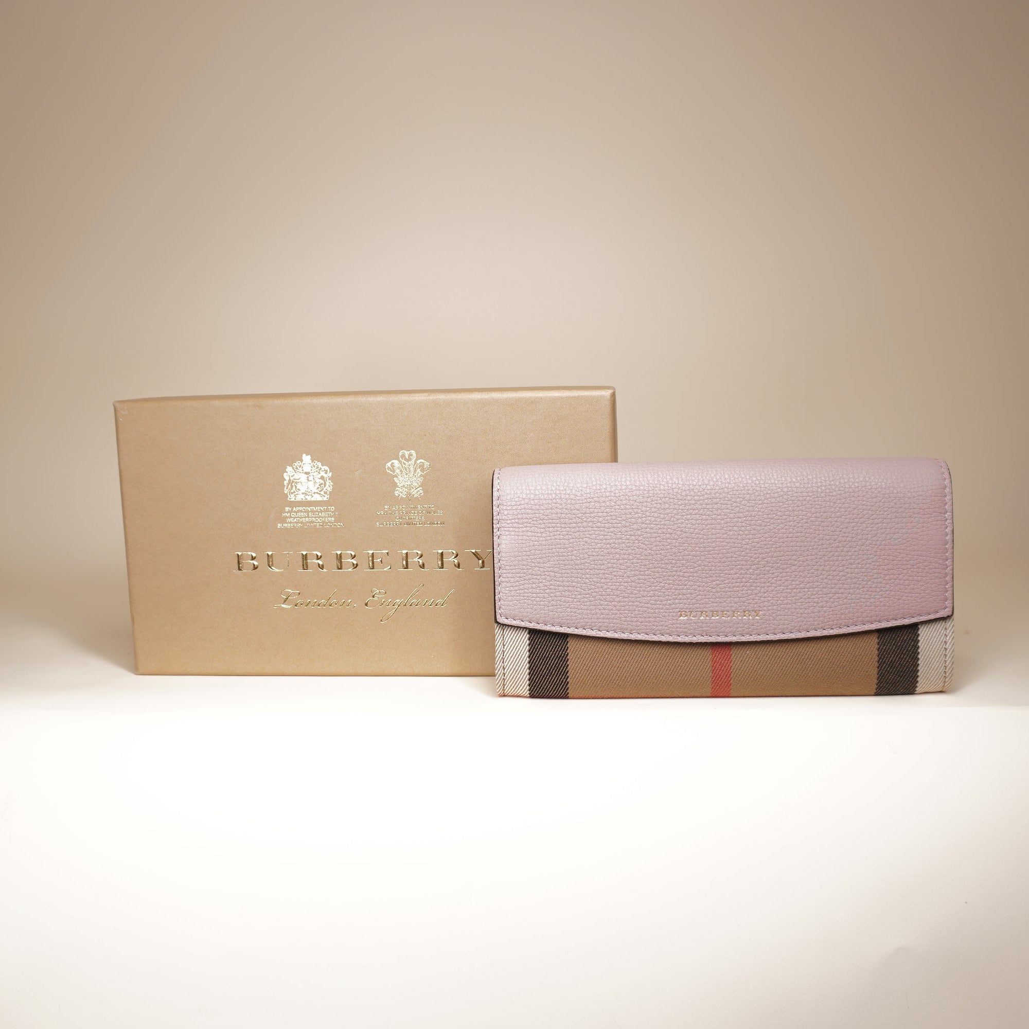 PRE-OWNED Calfskin House Check Porter Continental Wallet Pale Orchid