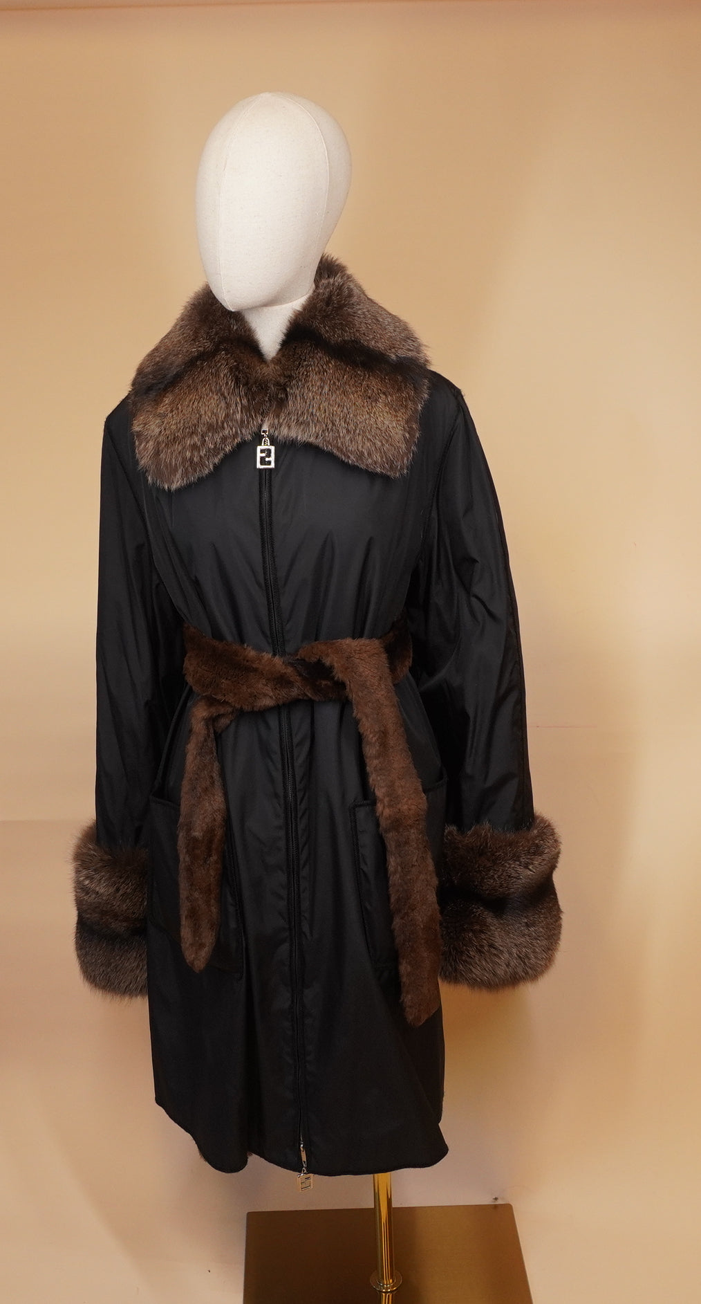 PRE-OWNED FF Vintage Fur-Trimmed Reversible Nylon Long Coat M/L