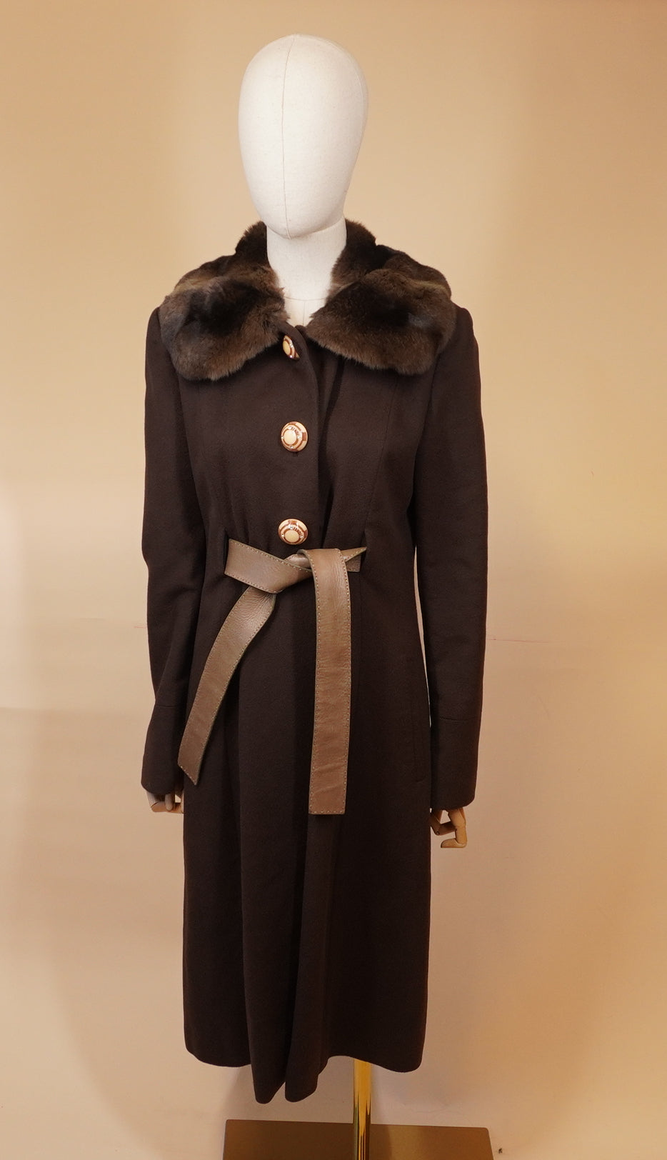 PRE-OWNED FF Vintage Long Wool Coat with Fur Collar and Leather Waist Belt SIZE SMALL