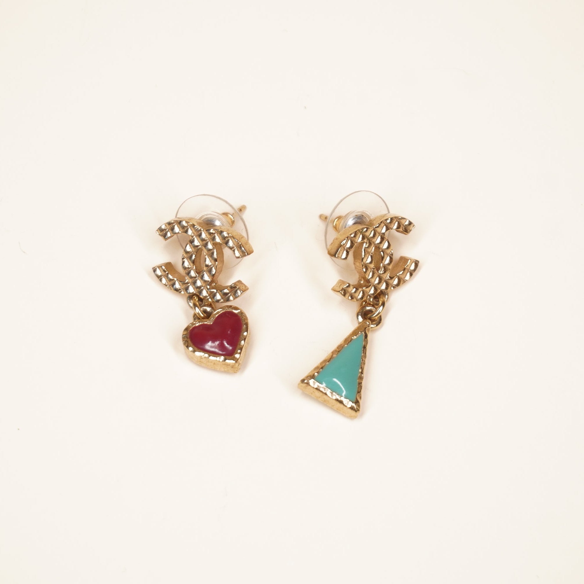 PRE-OWNED CC Heart Triangle Drop Earrings Gold Tone