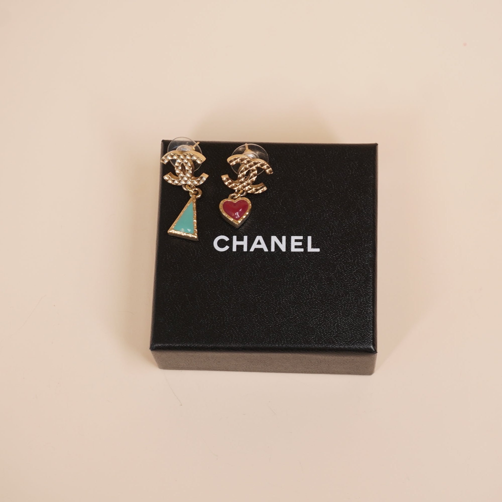 PRE-OWNED CC Heart Triangle Drop Earrings Gold Tone