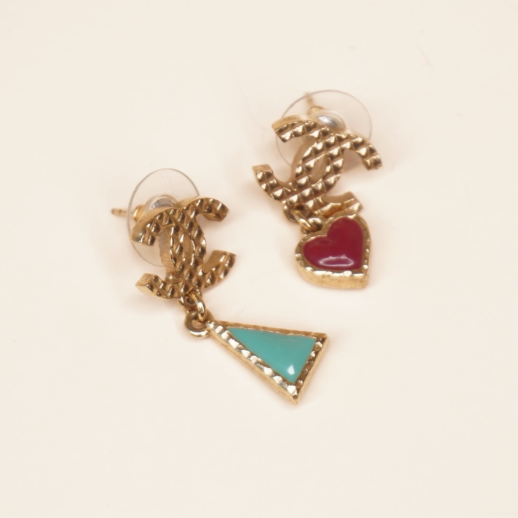 PRE-OWNED CC Heart Triangle Drop Earrings Gold Tone