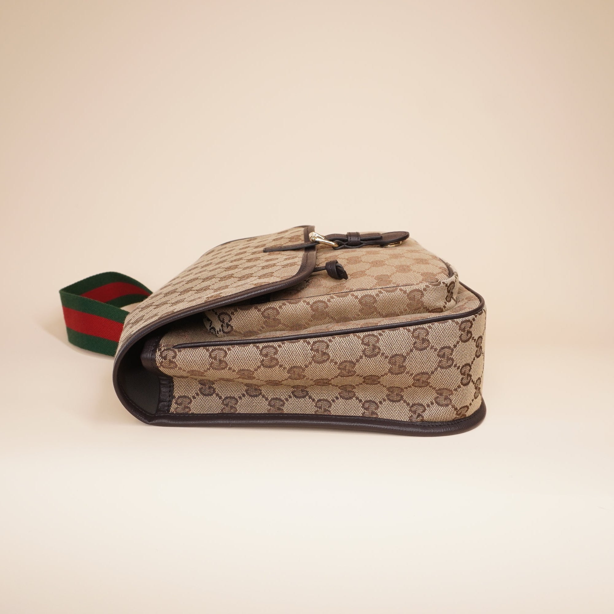 PRE-OWNED GG Monogram Web Childrens Messenger Bag Beige Ebony Cocoa Shoulder Bag