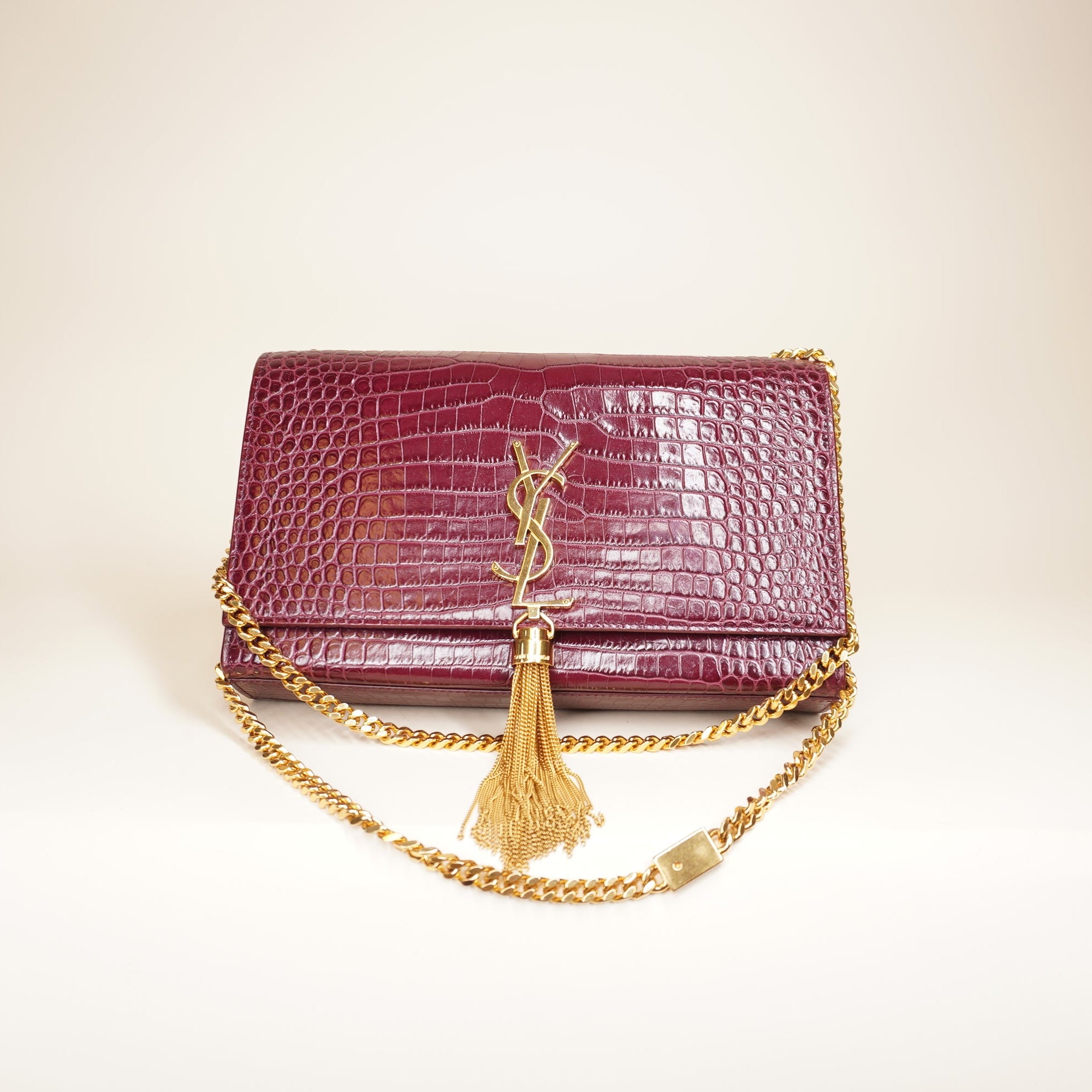 PRE-OWNED YSL Burgundy Croco Embossed Kate Tassel Medium Chain Shoulder Bag