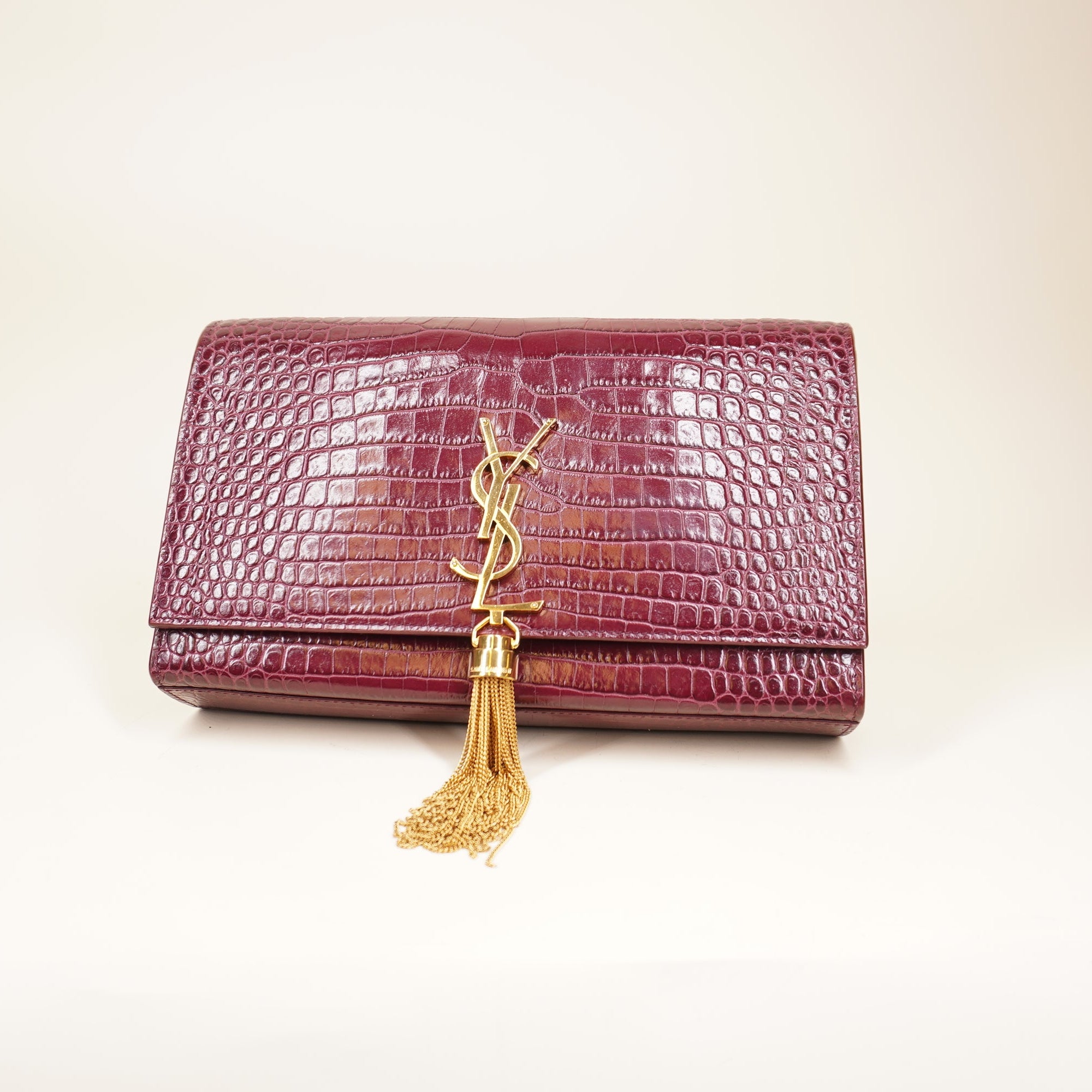 PRE-OWNED YSL Burgundy Croco Embossed Kate Tassel Medium Chain Shoulder Bag