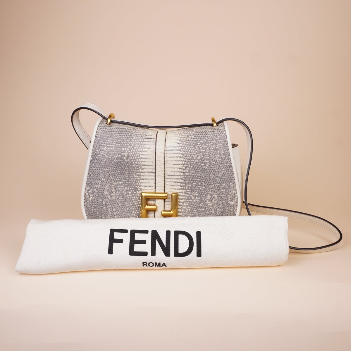 PRE-OWNED FF C’mon Mini Lizard White Grey Shoulder Bag