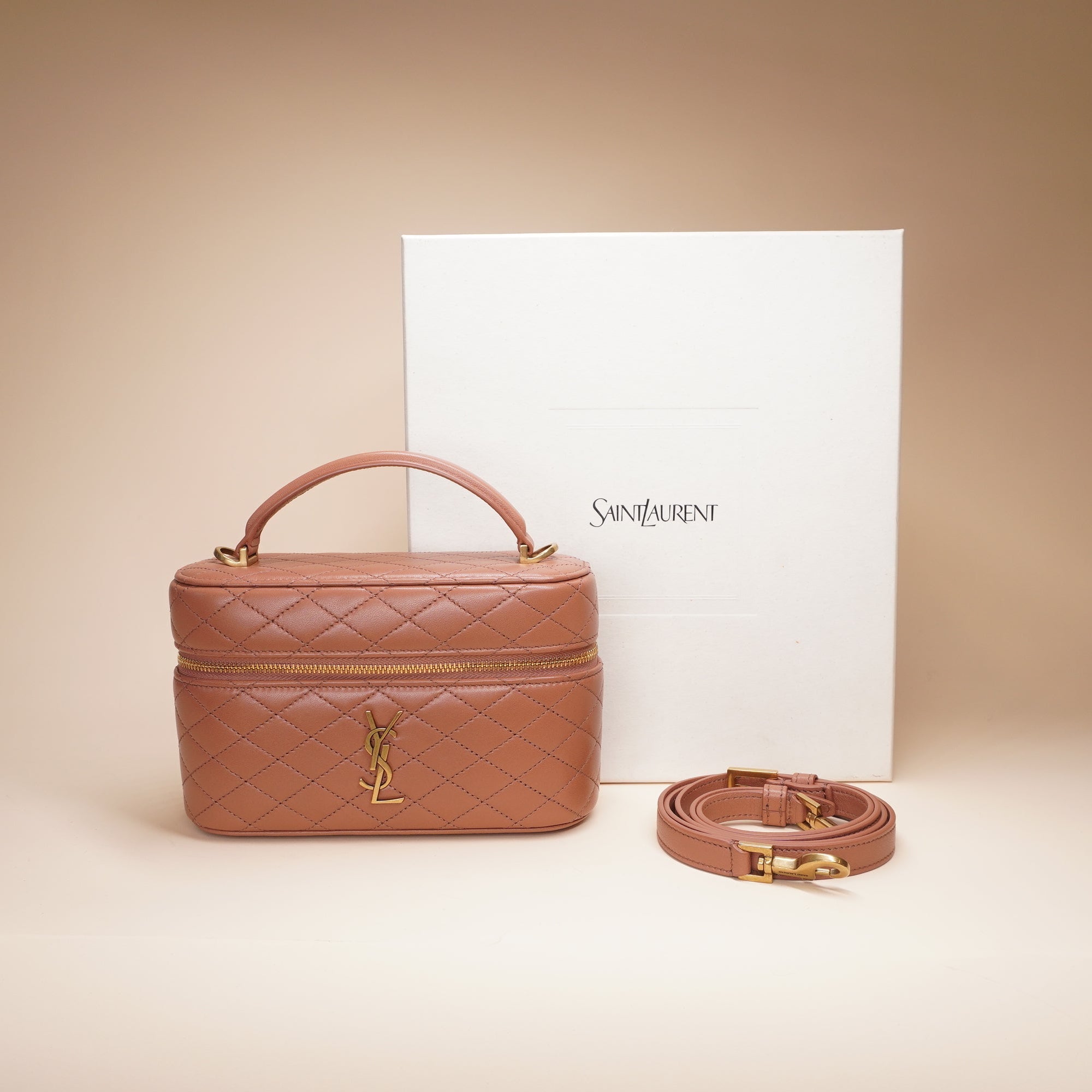 PRE-OWNED Lambskin Quilted Gaby Vanity Case Brown Crossbody Bag