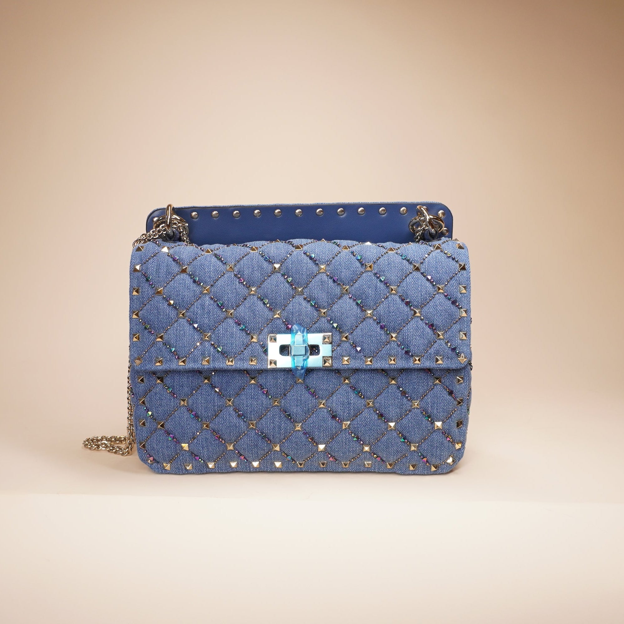 PRE-OWNED Rockstud Top Handle Denim Shoulder Bag