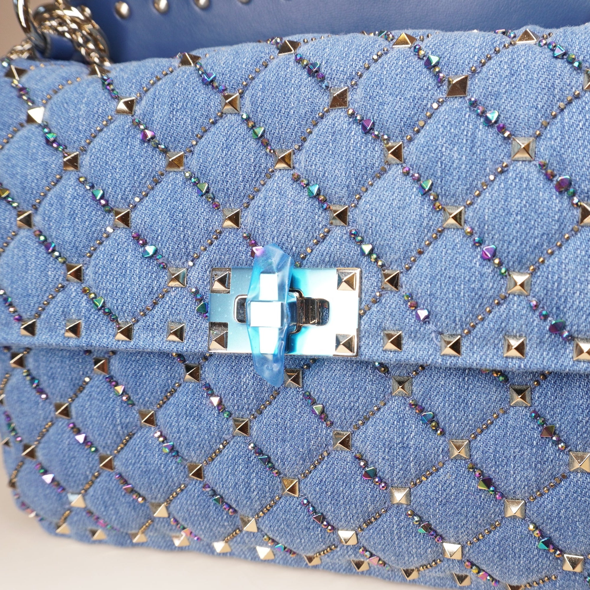 PRE-OWNED Rockstud Top Handle Denim Shoulder Bag