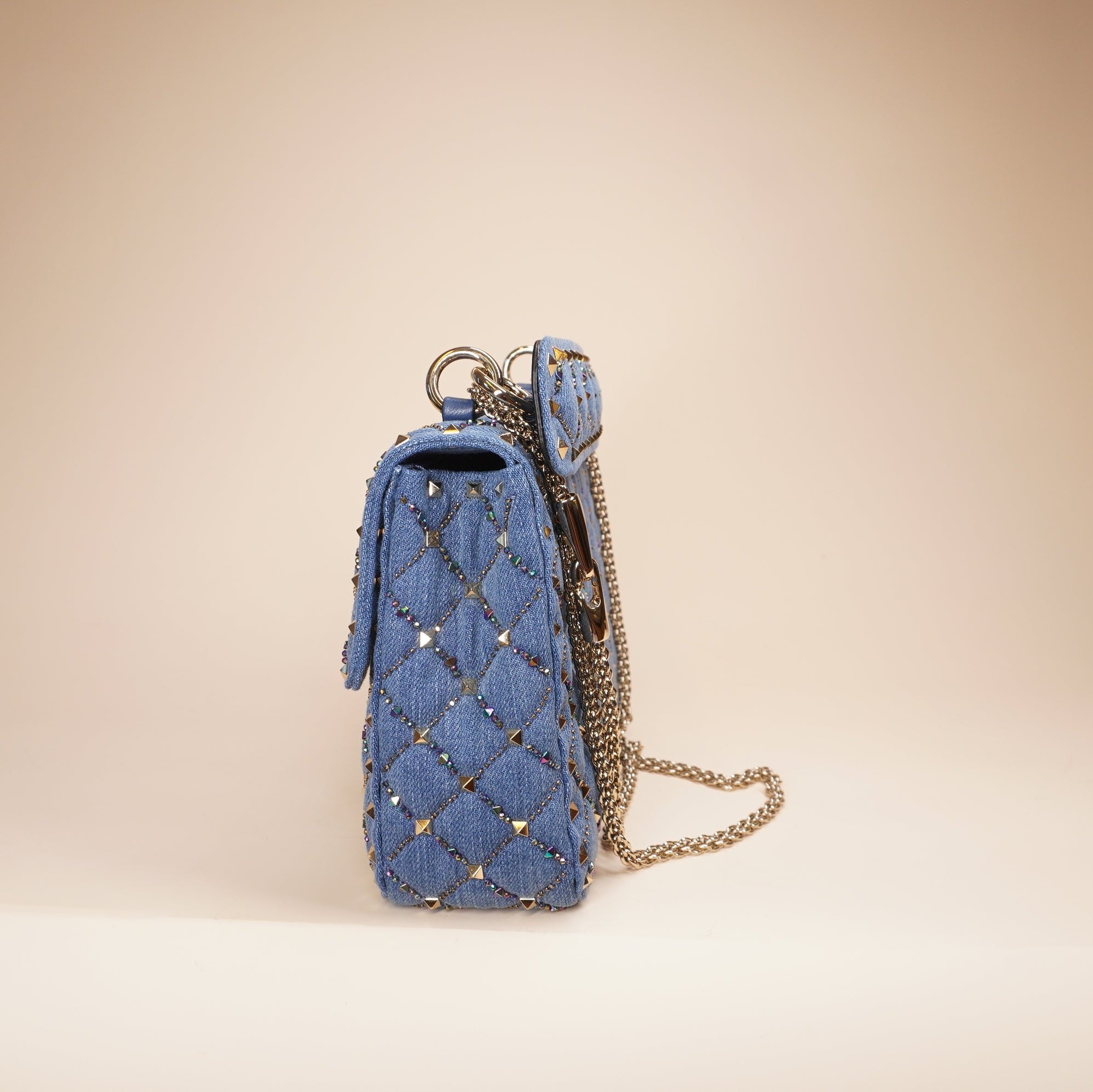 PRE-OWNED Rockstud Top Handle Denim Shoulder Bag