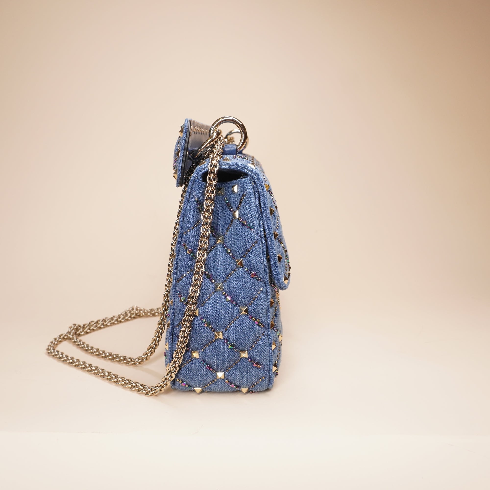PRE-OWNED Rockstud Top Handle Denim Shoulder Bag