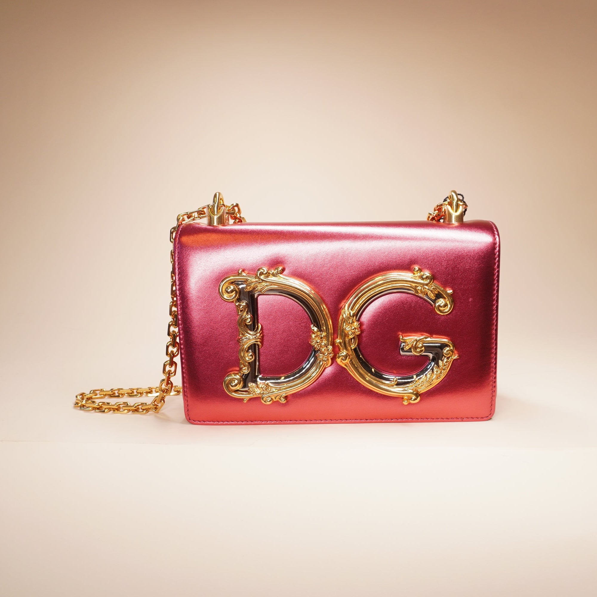 PRE-OWNED Pink Metallic Calfskin DG Girls Shoulder Bag