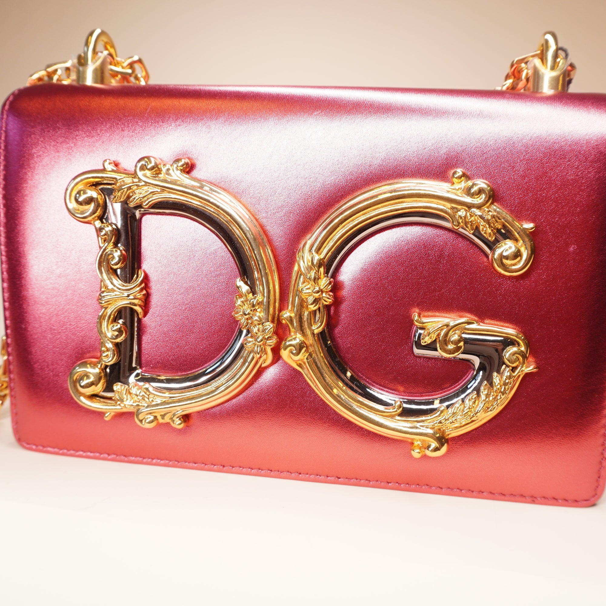 PRE-OWNED Pink Metallic Calfskin DG Girls Shoulder Bag