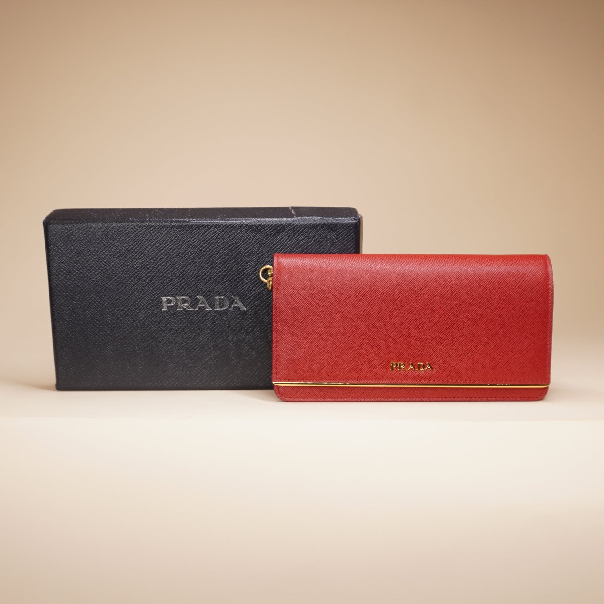 PRE-ONWED Saffiano Leather Red Wallet on Chain Bag
