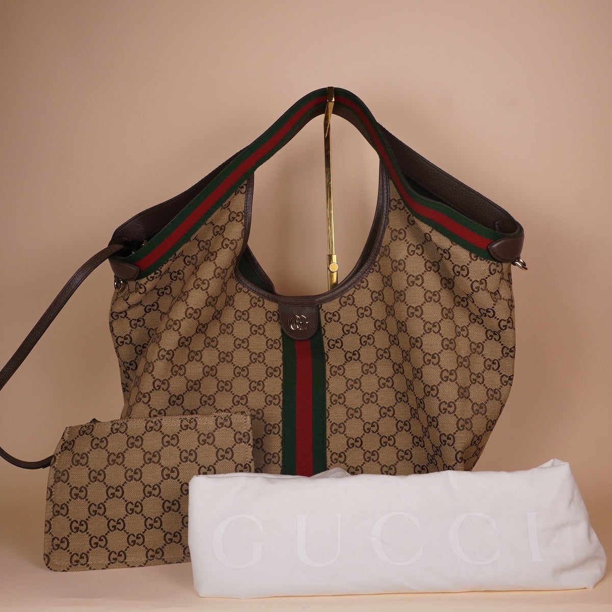 PRE-OWNED GG Monogram Web Large Giglio Tote Beige Brown
