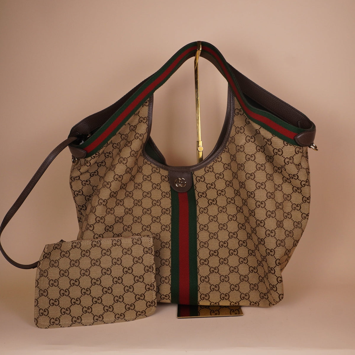 PRE-OWNED GG Monogram Web Large Giglio Tote Beige Brown