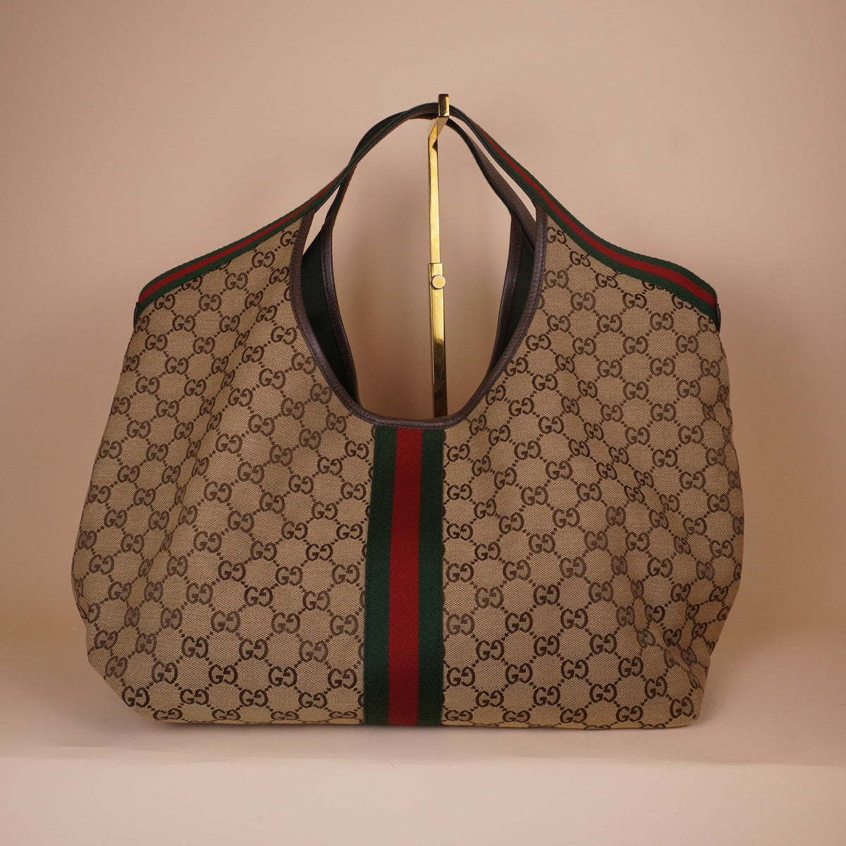 PRE-OWNED GG Monogram Web Large Giglio Tote Beige Brown