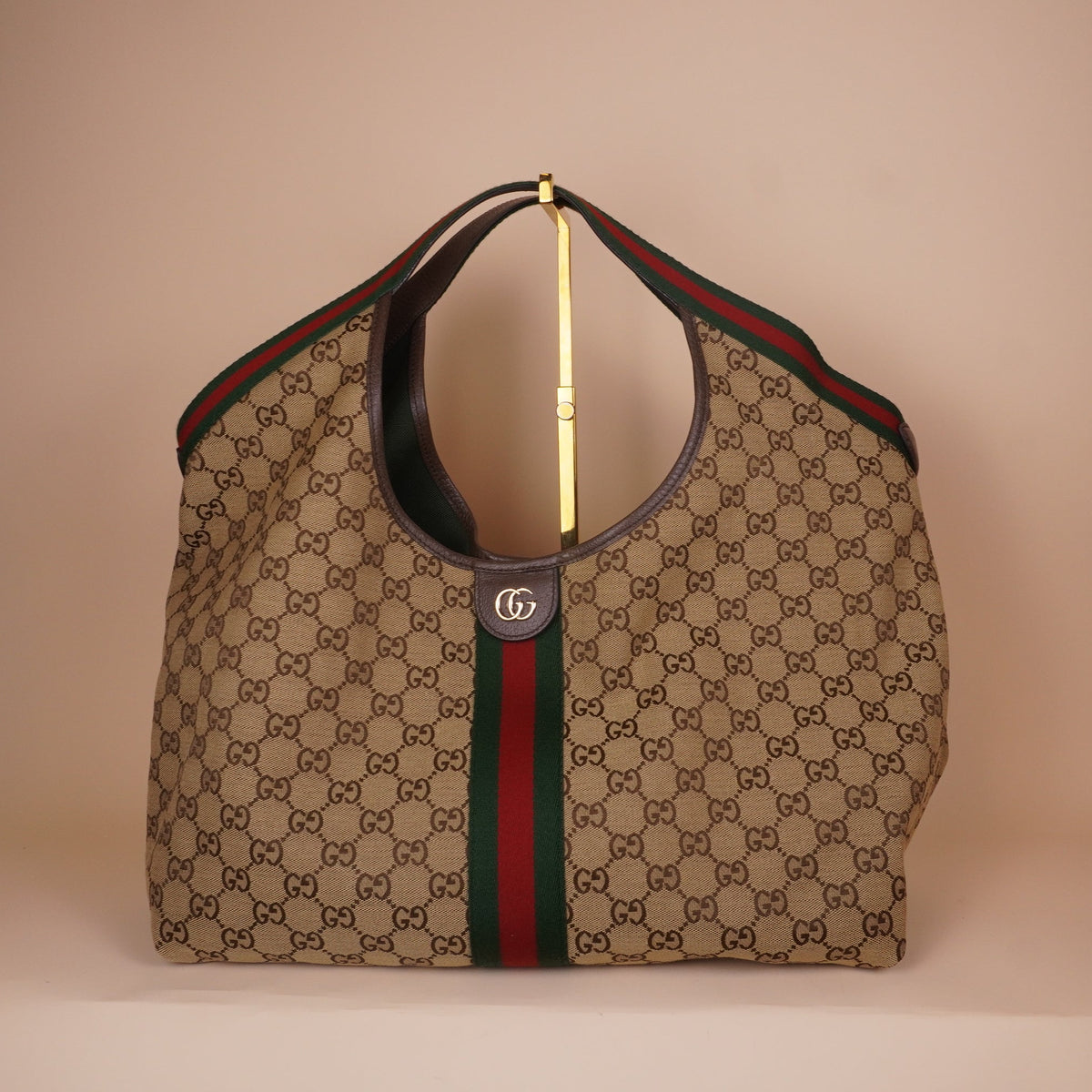 PRE-OWNED GG Monogram Web Large Giglio Tote Beige Brown