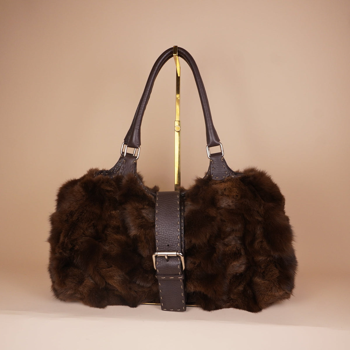 PRE-OWNED FF Selleria Brown Fur & Leather Shoulder Bag