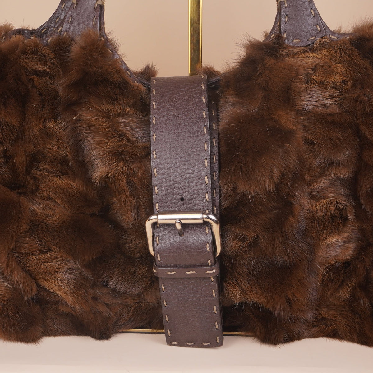 PRE-OWNED FF Selleria Brown Fur & Leather Shoulder Bag