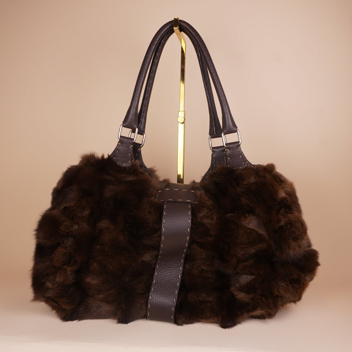 PRE-OWNED FF Selleria Brown Fur & Leather Shoulder Bag