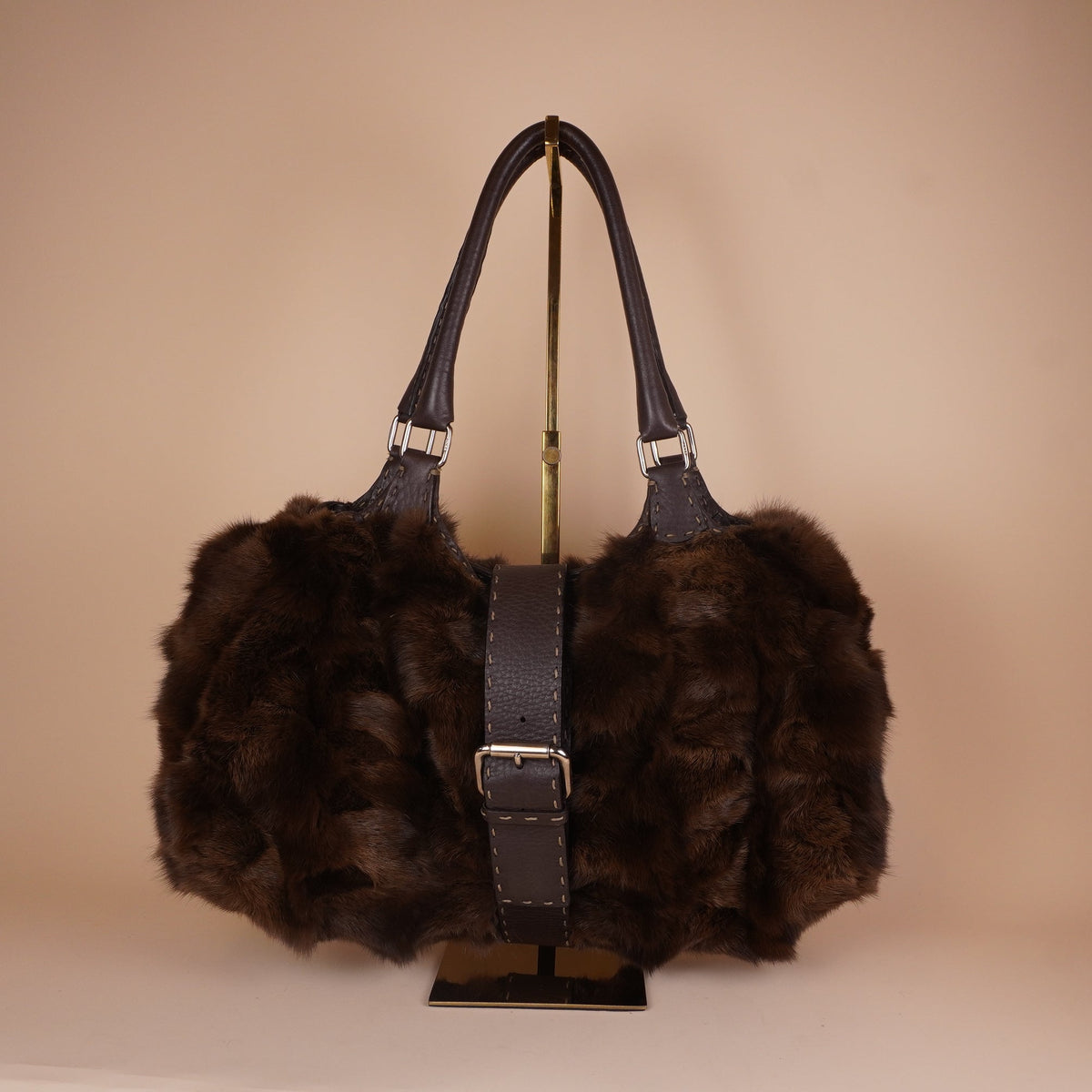 PRE-OWNED FF Selleria Brown Fur & Leather Shoulder Bag