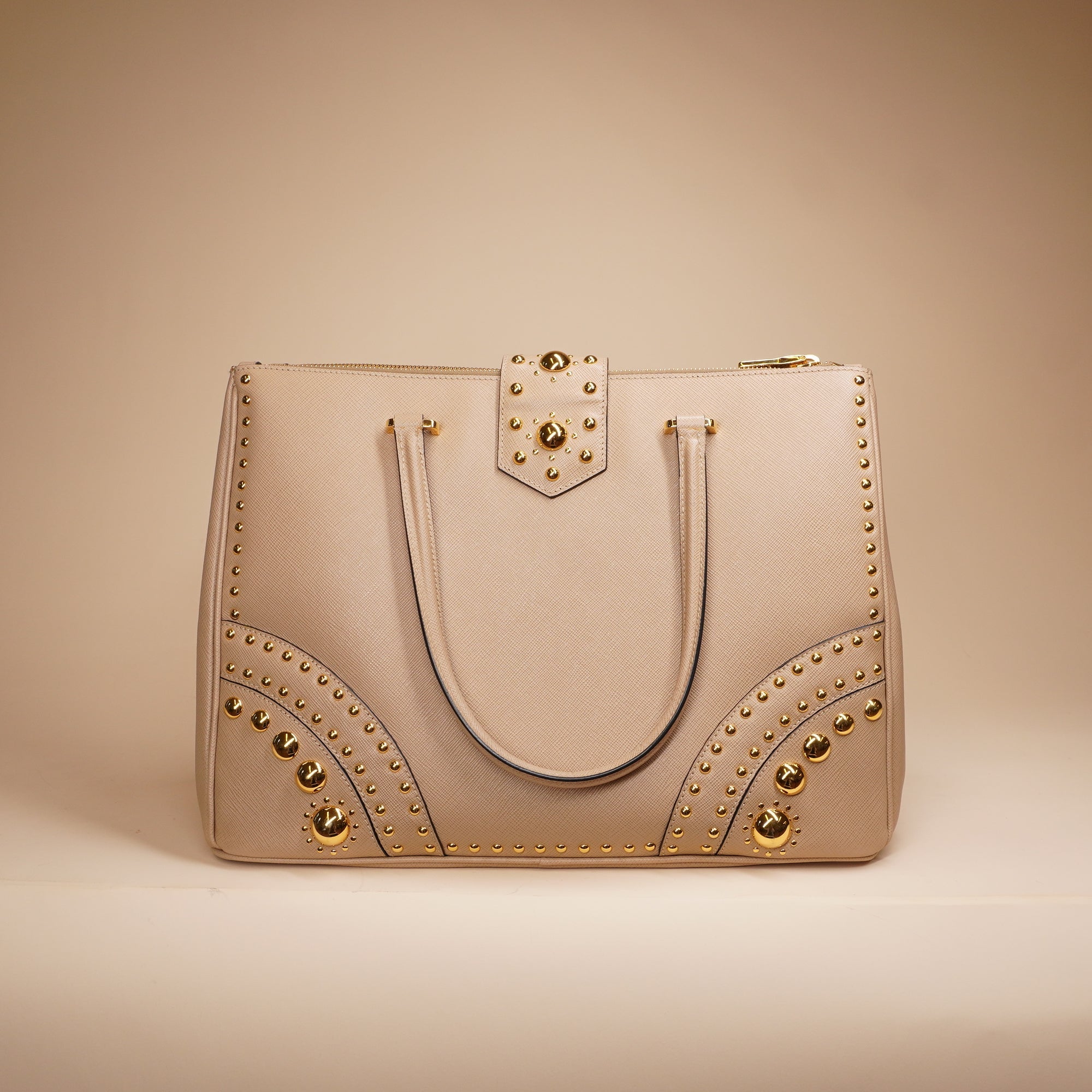 PRE-OWNED Beige Turn Lock Studded Shoulder Bag