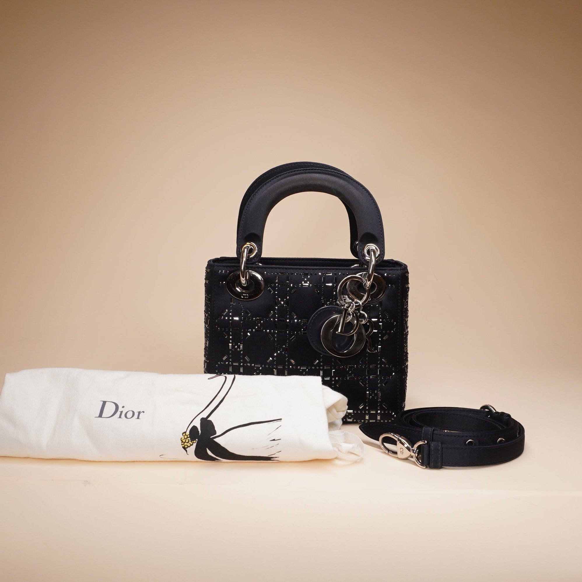 PRE-OWNED Lady Dior Bag Crystal Embellished Cannage Quilt Satin Mini