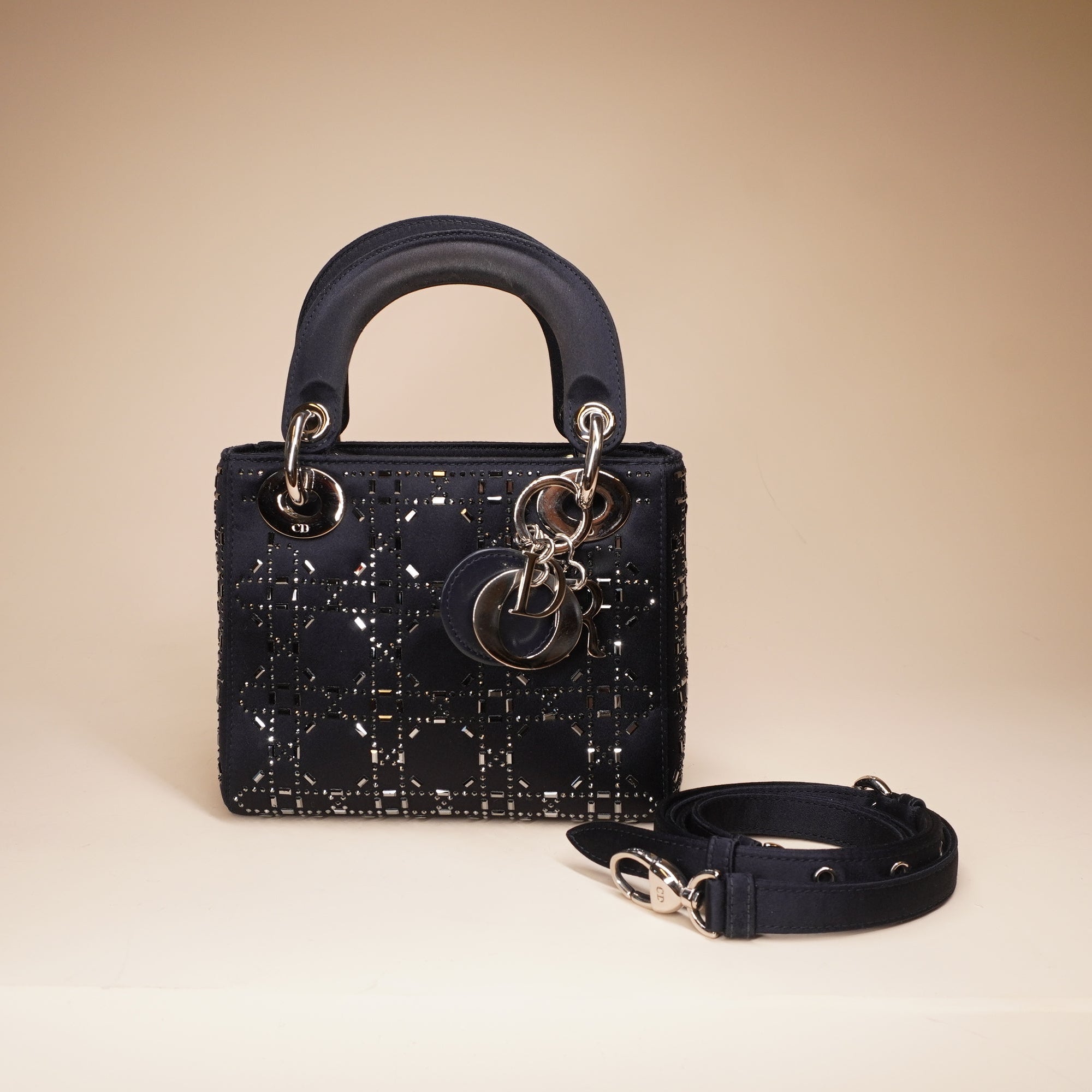 PRE-OWNED Lady Dior Bag Crystal Embellished Cannage Quilt Satin Mini