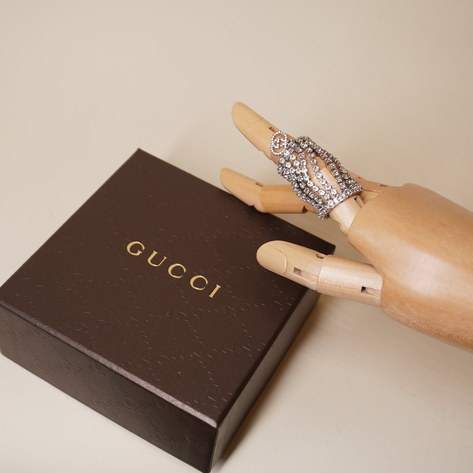 PRE-OWNED GG Interlocking G Ring Silver Clear Hardware Rhinestones