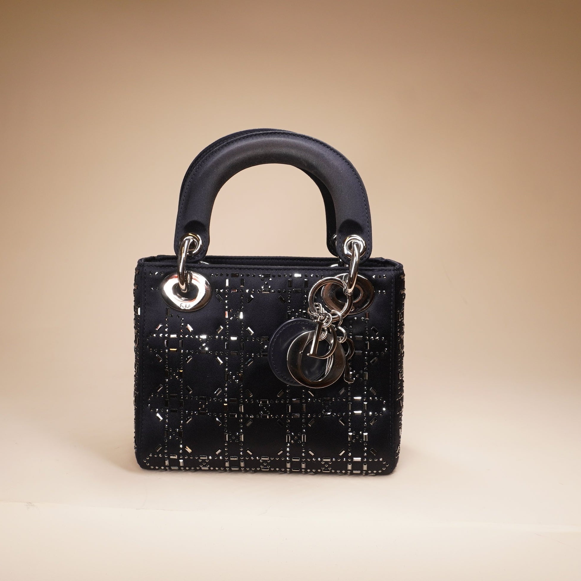 PRE-OWNED Lady Dior Bag Crystal Embellished Cannage Quilt Satin Mini