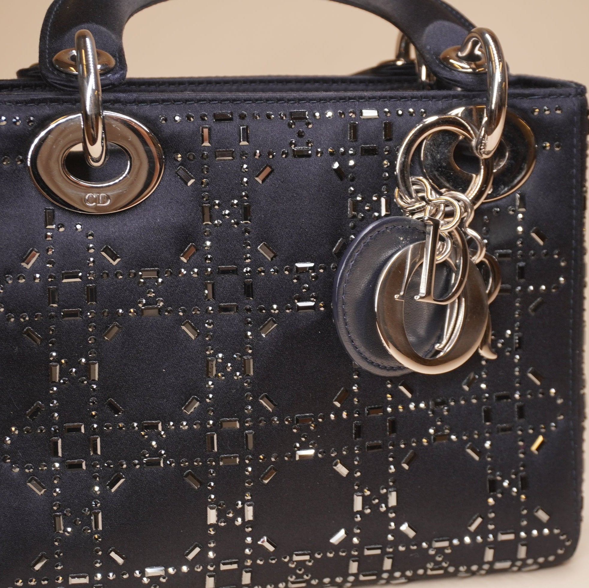 PRE-OWNED Lady Dior Bag Crystal Embellished Cannage Quilt Satin Mini