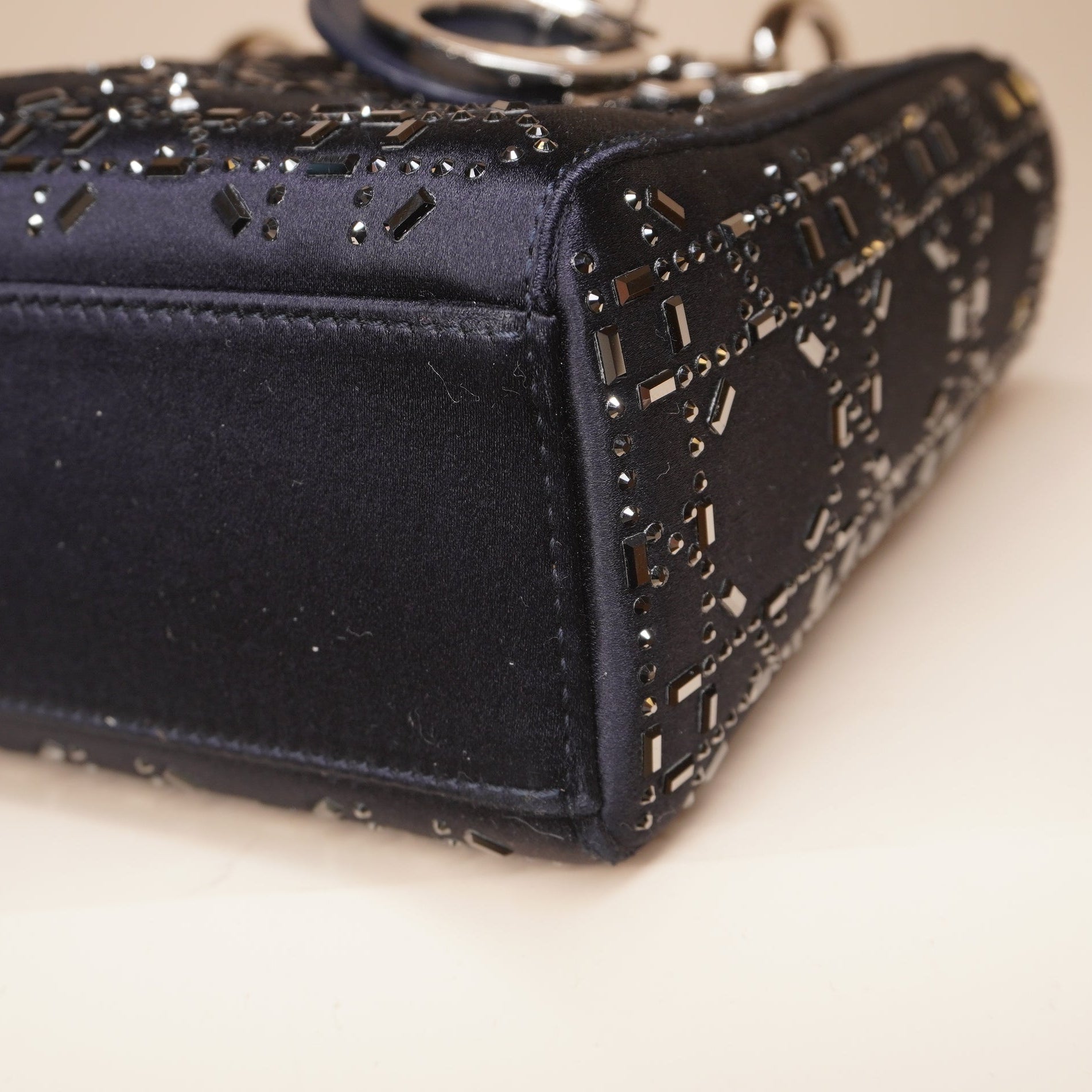 PRE-OWNED Lady Dior Bag Crystal Embellished Cannage Quilt Satin Mini