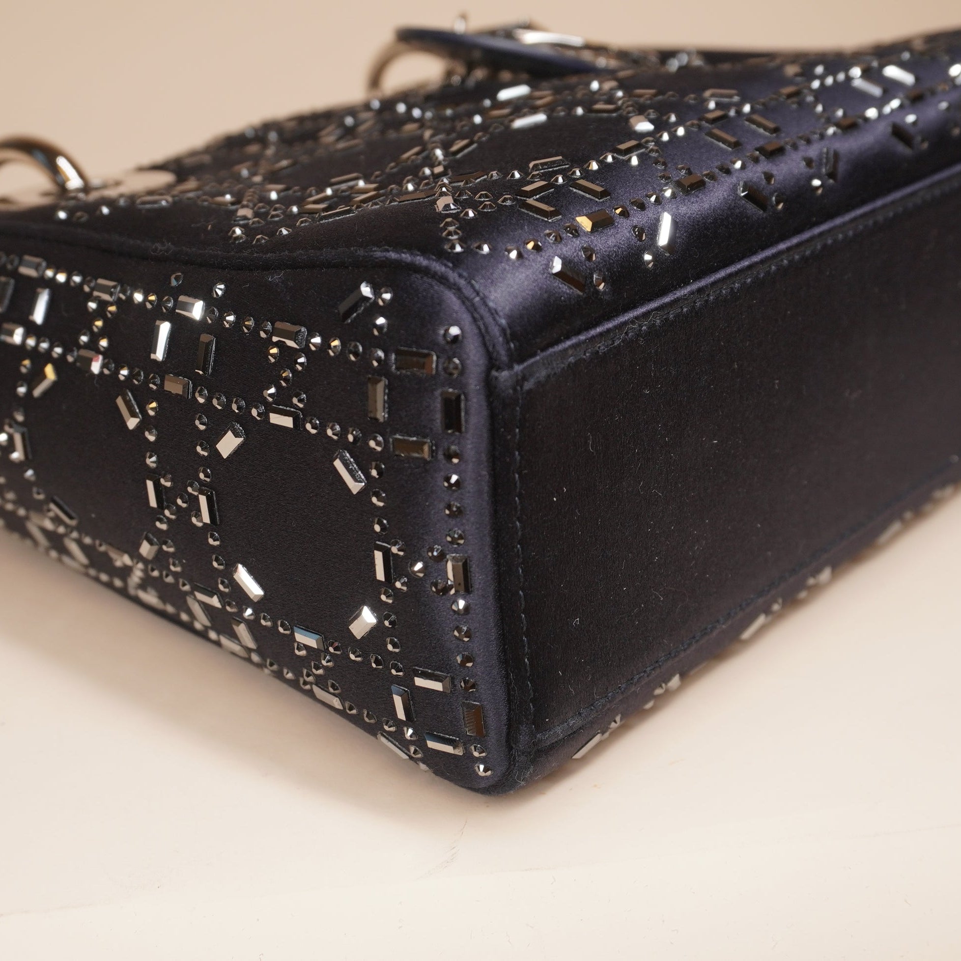 PRE-OWNED Lady Dior Bag Crystal Embellished Cannage Quilt Satin Mini