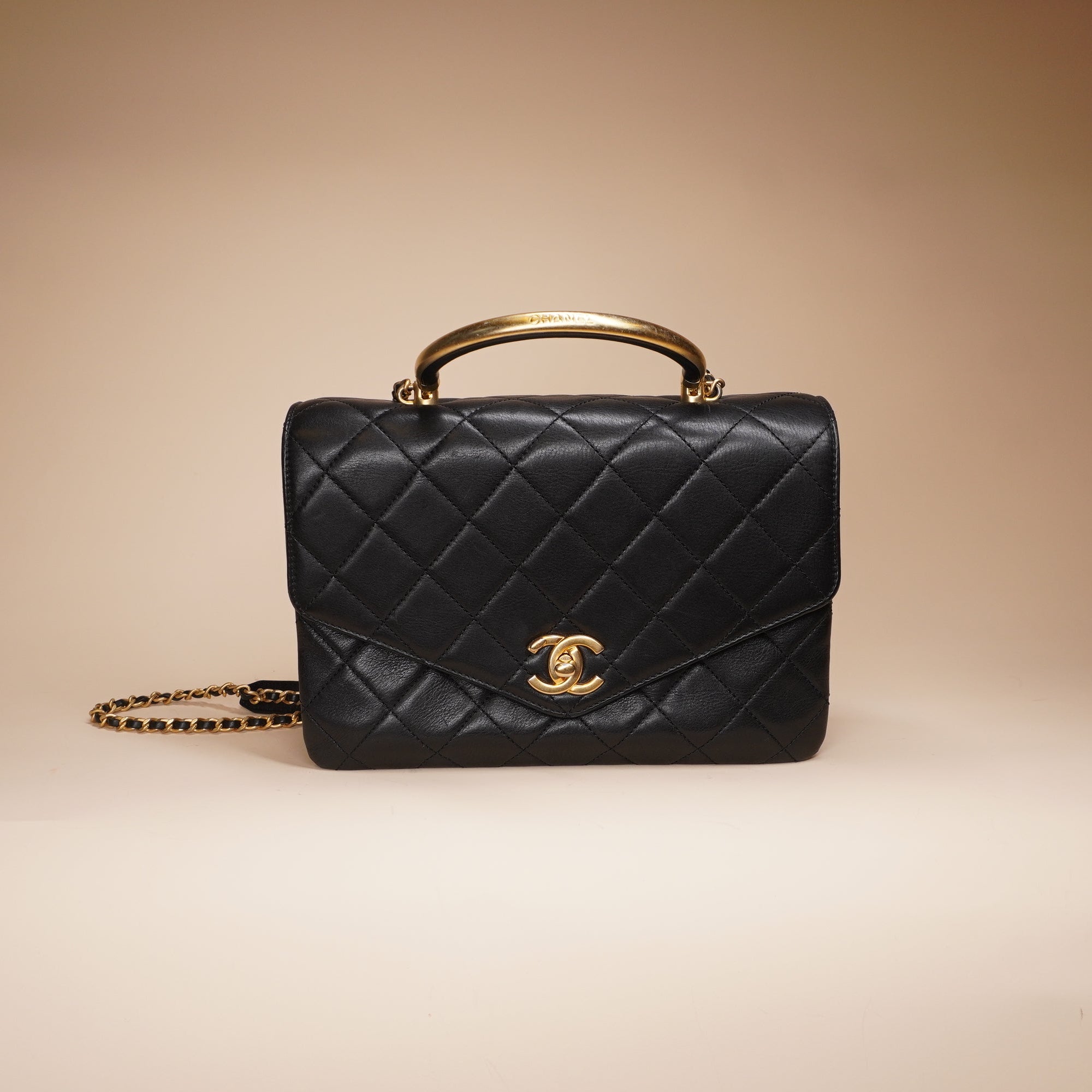 PRE-OWNED CC Black Calfskin Quilted Coco Handle Envelope Flap