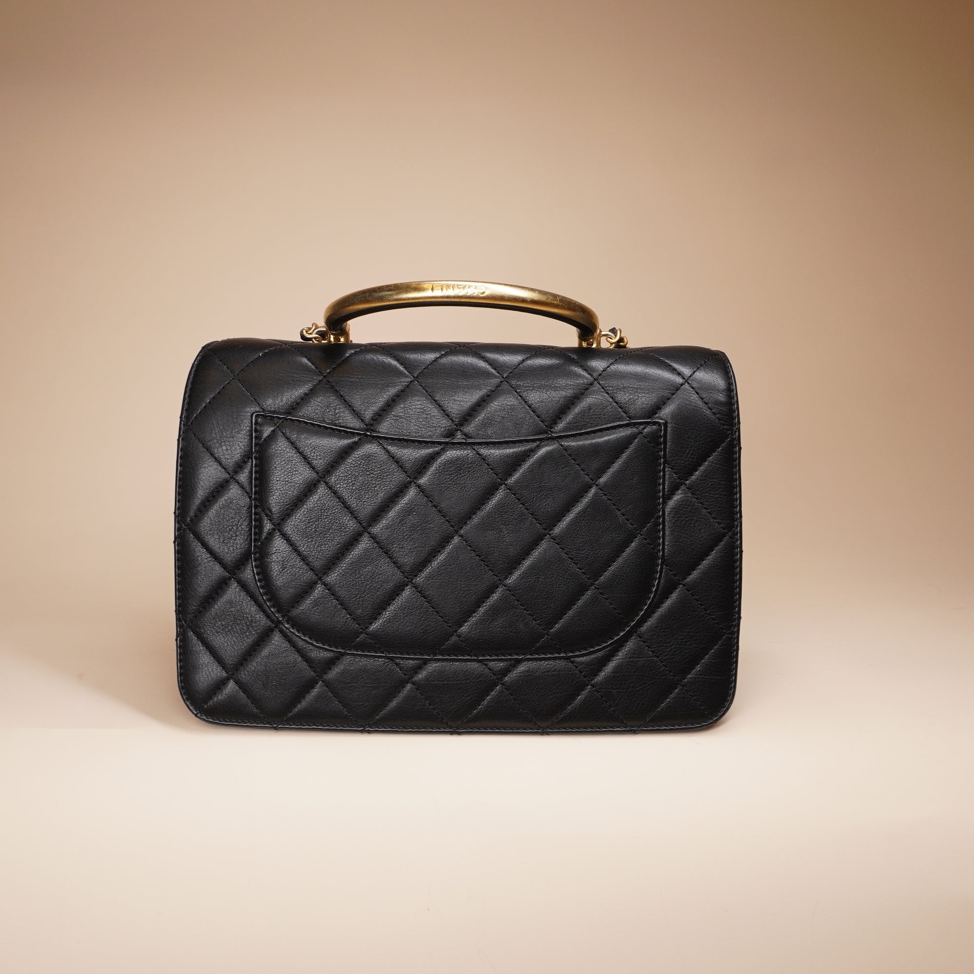 PRE-OWNED CC Black Calfskin Quilted Coco Handle Envelope Flap