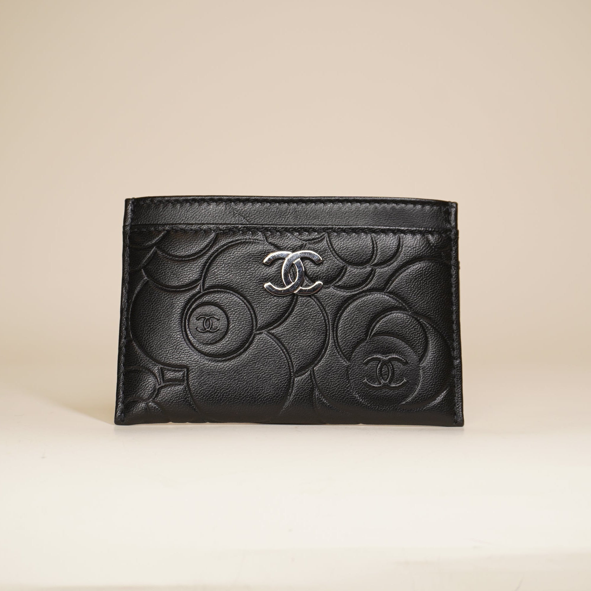 PRE-OWNED Black Camellia Embossed Card Holder