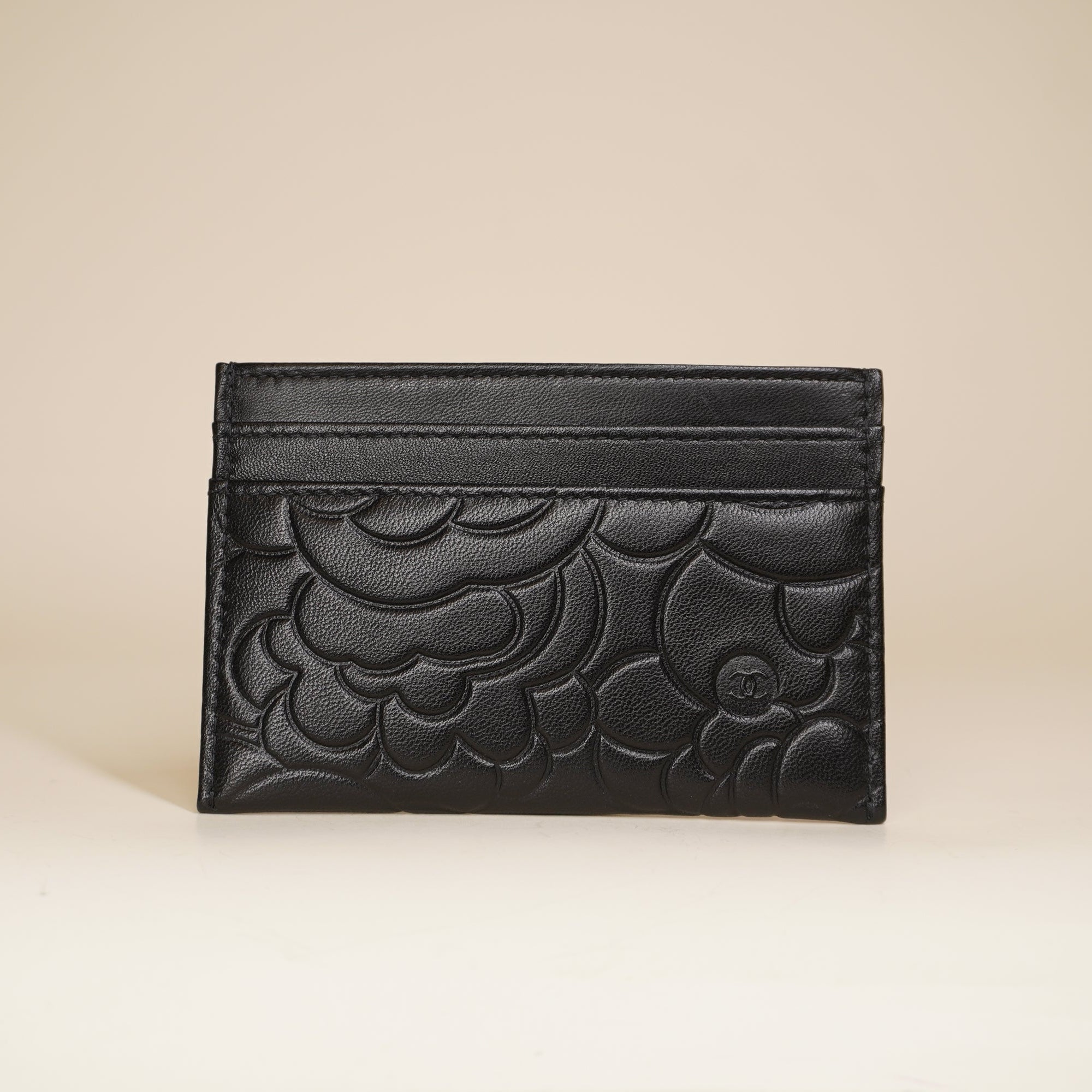 PRE-OWNED Black Camellia Embossed Card Holder