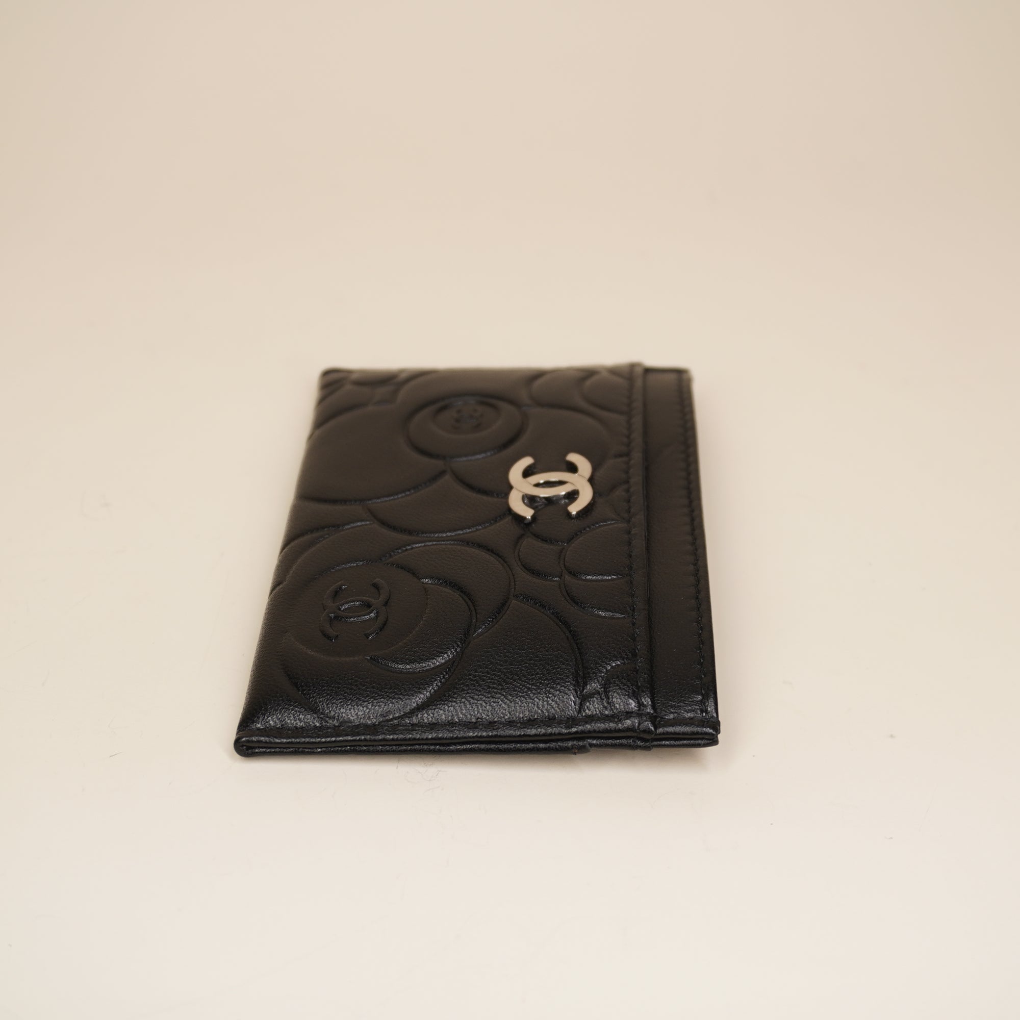 PRE-OWNED Black Camellia Embossed Card Holder