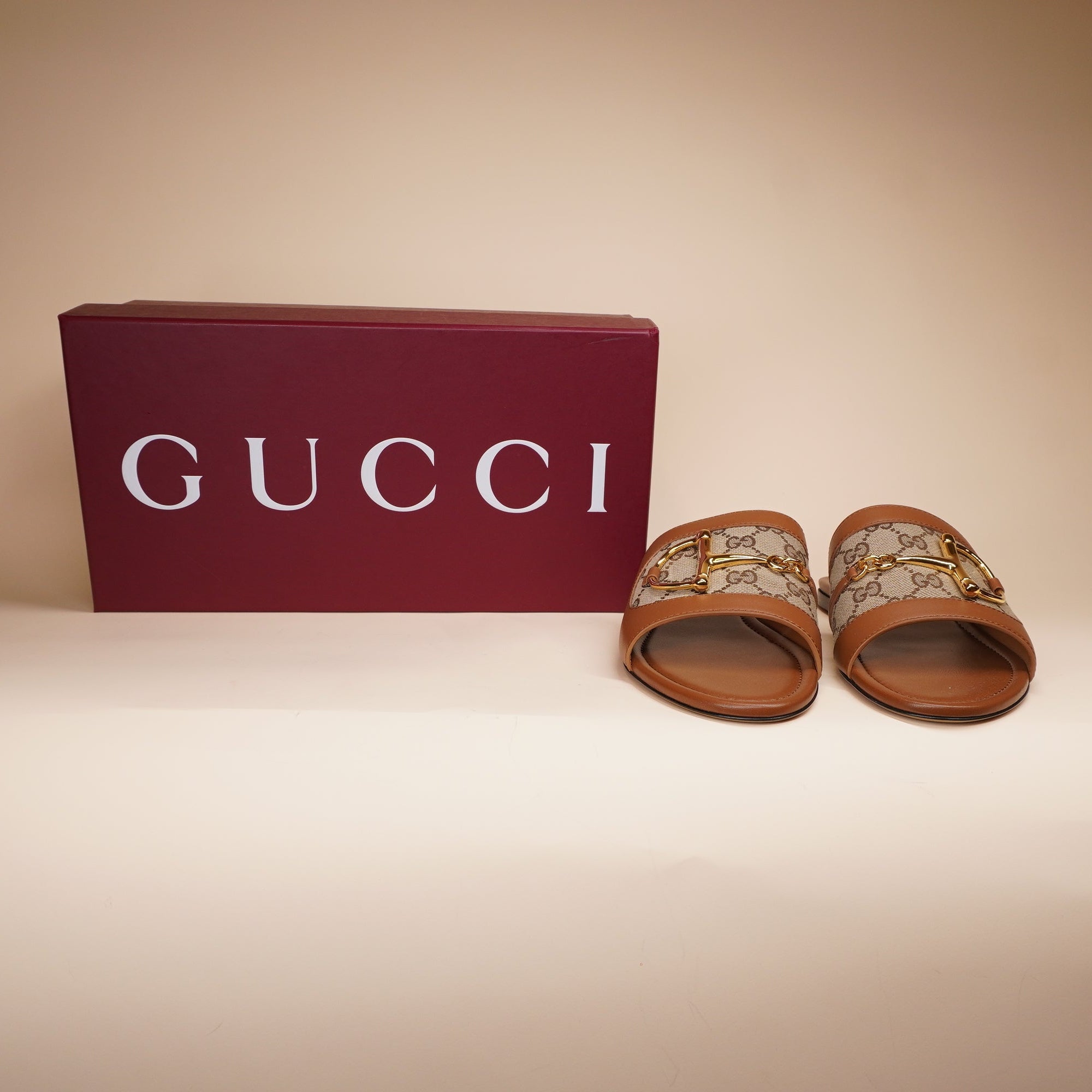 PRE-OWNED GG Horsebit canvas-trimmed leather slide sandals